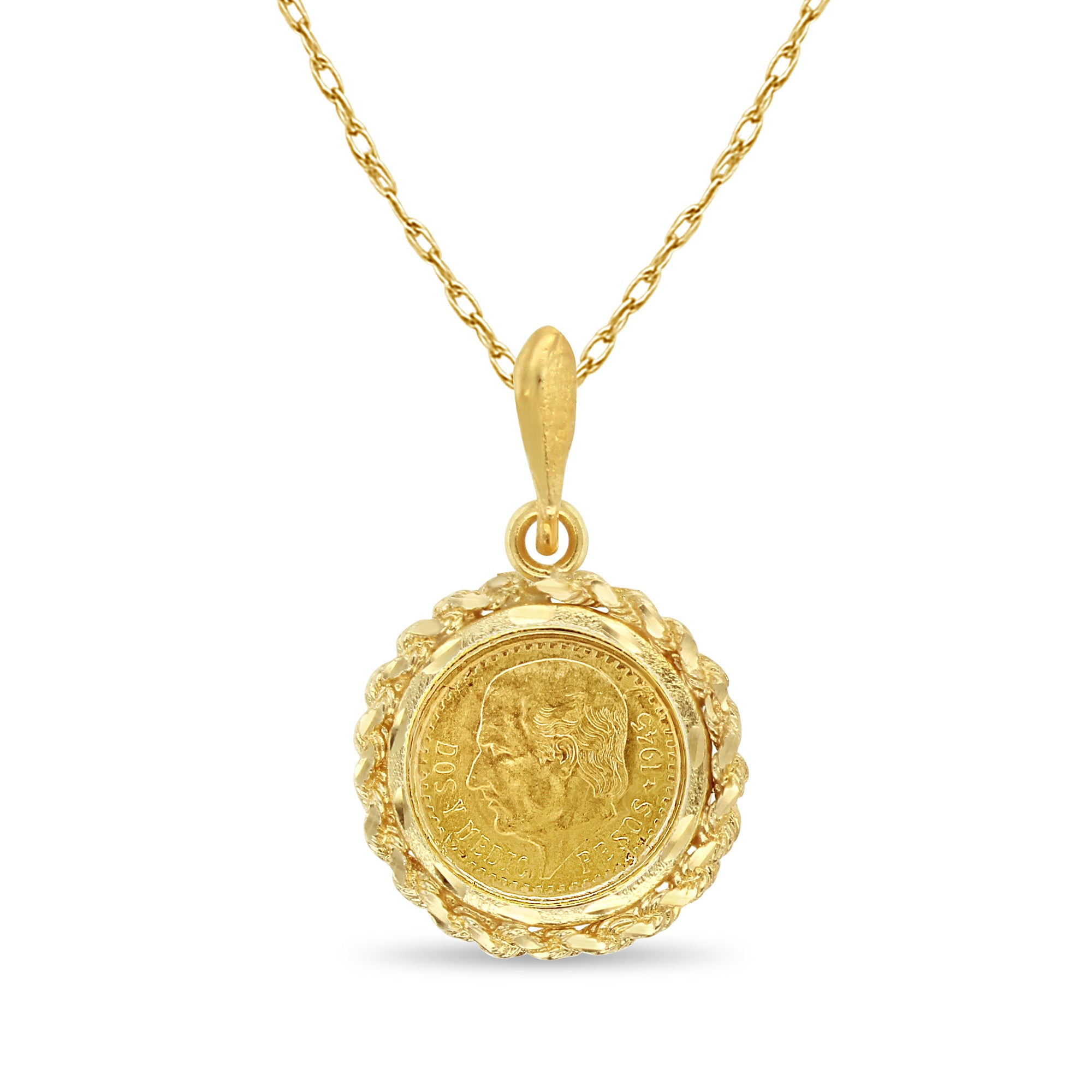 Dos y Medio Pesos Rope & Diamond Cut Necklace 14k Yellow Gold
