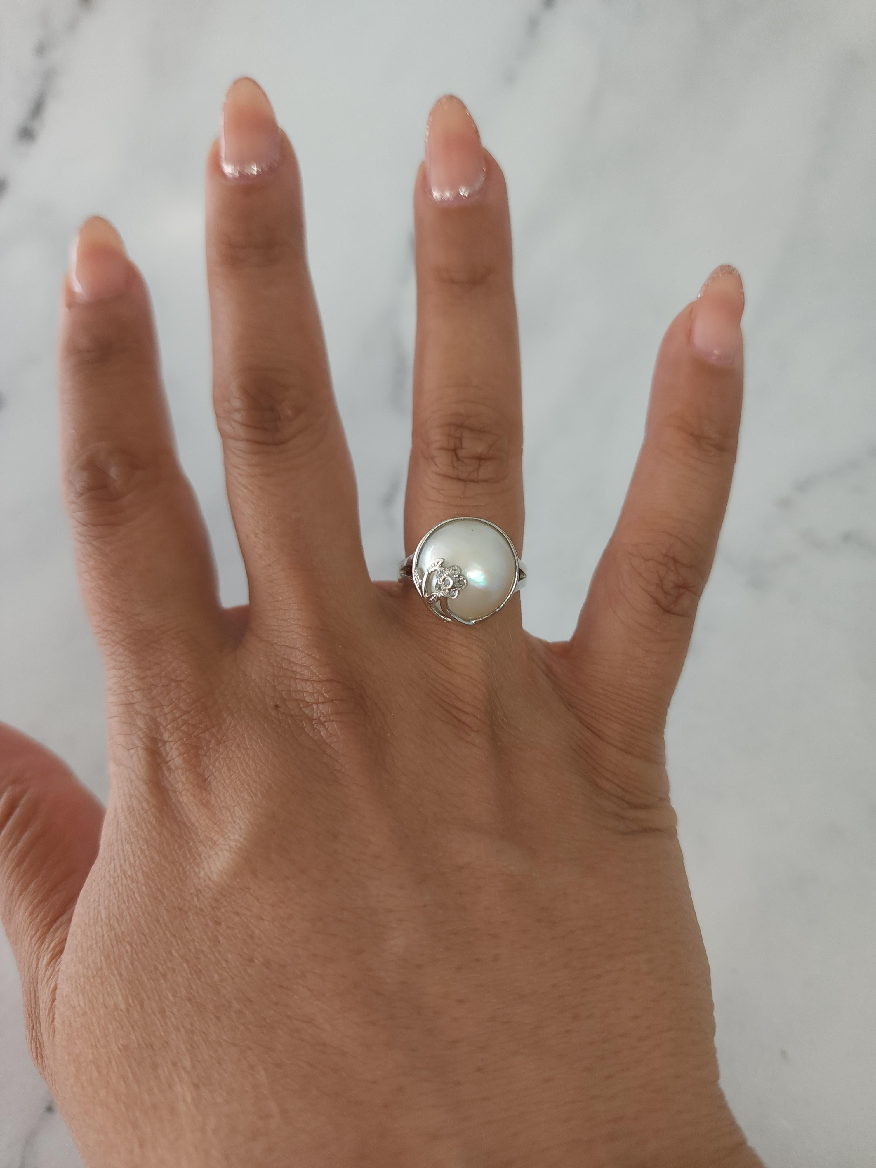Mabe Pearl Ring with Flower Diamond Accent