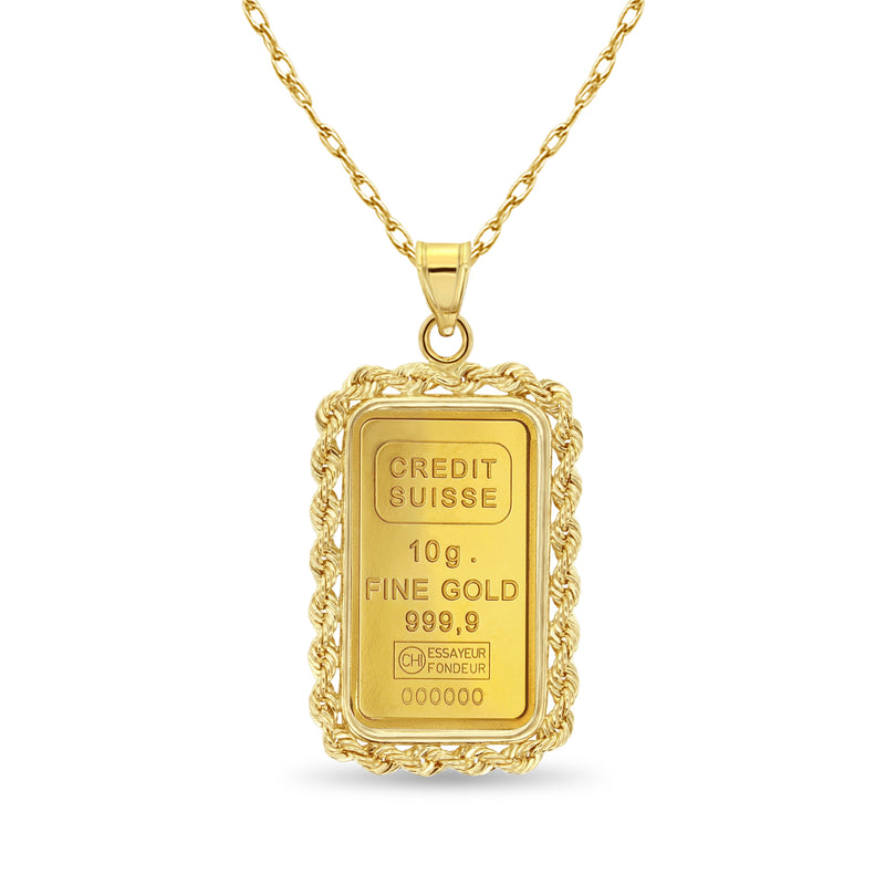 Lingote de oro Pamp Suisse de 10 gramos con bisel tipo cuerda