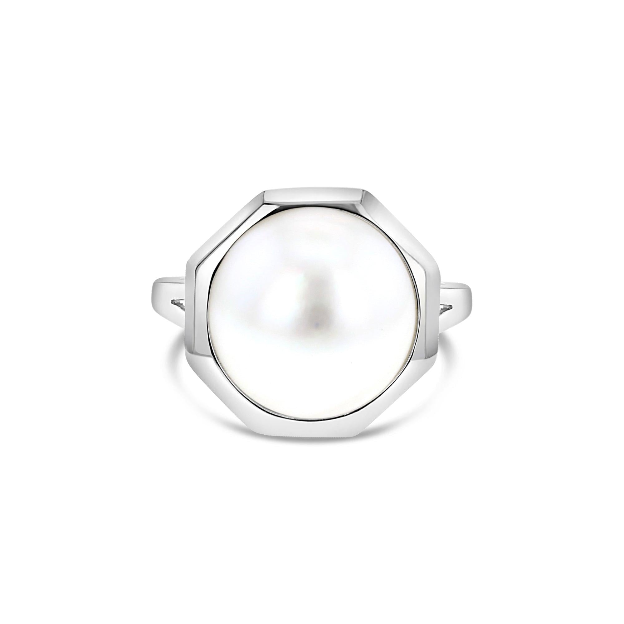 13MM Octagon Shaped Mabe Pearl Ring 14k White Gold