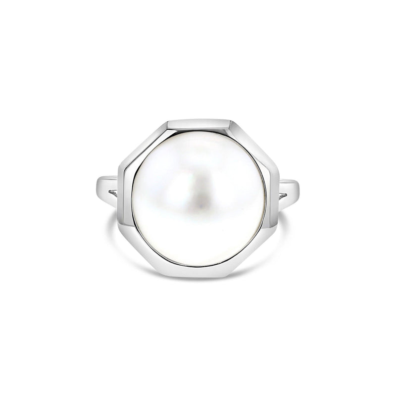 13MM Octagon Shaped Mabe Pearl Ring 14k White Gold