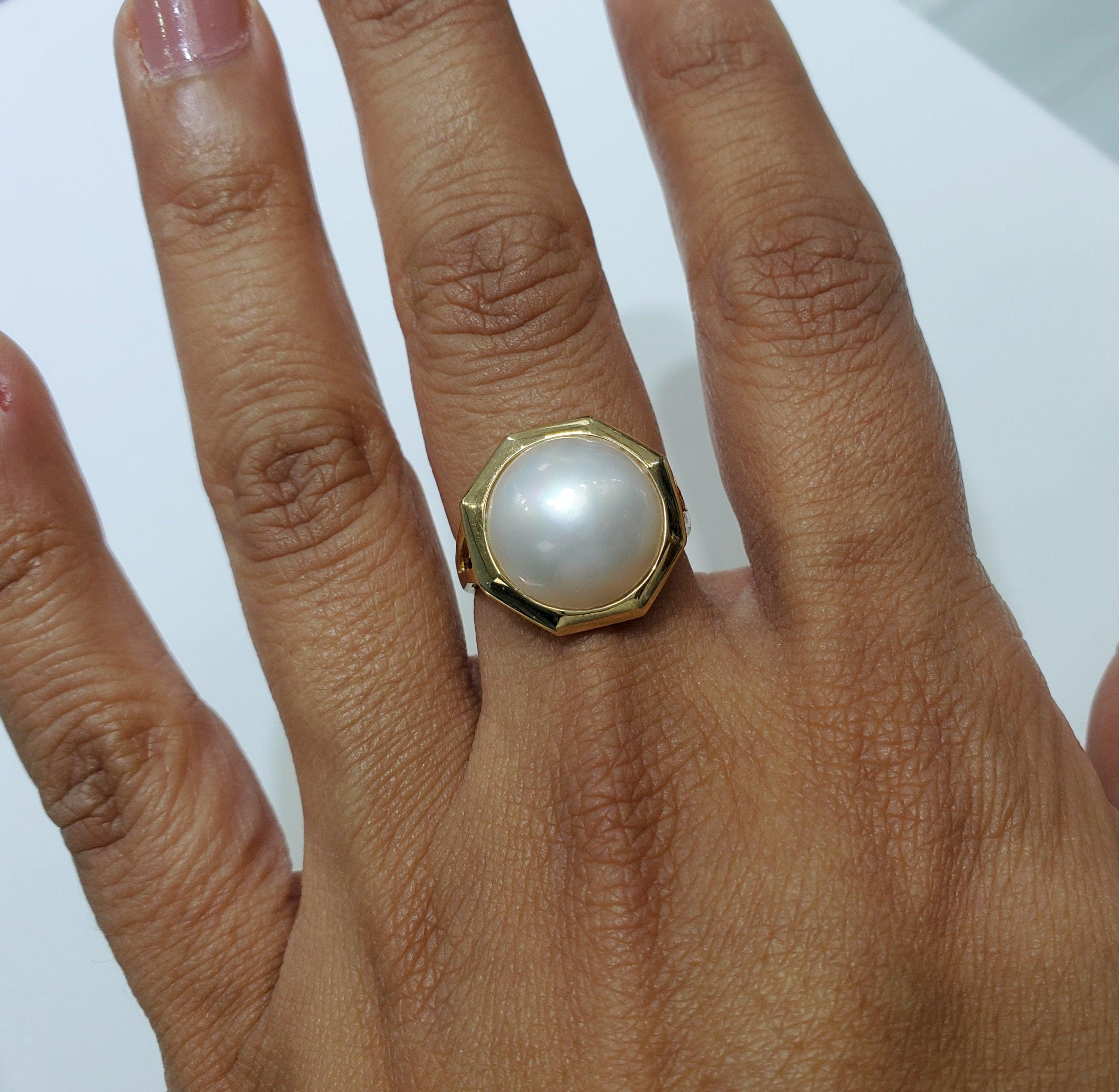 13MM Octagon Shaped Mabe Pearl Ring 14k White Gold
