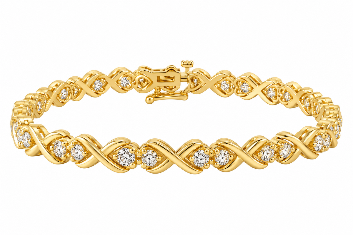 A yellow gold tennis bracelet featuring an intertwined braided design with rows of small round-cut diamonds, shown on a plain white background.