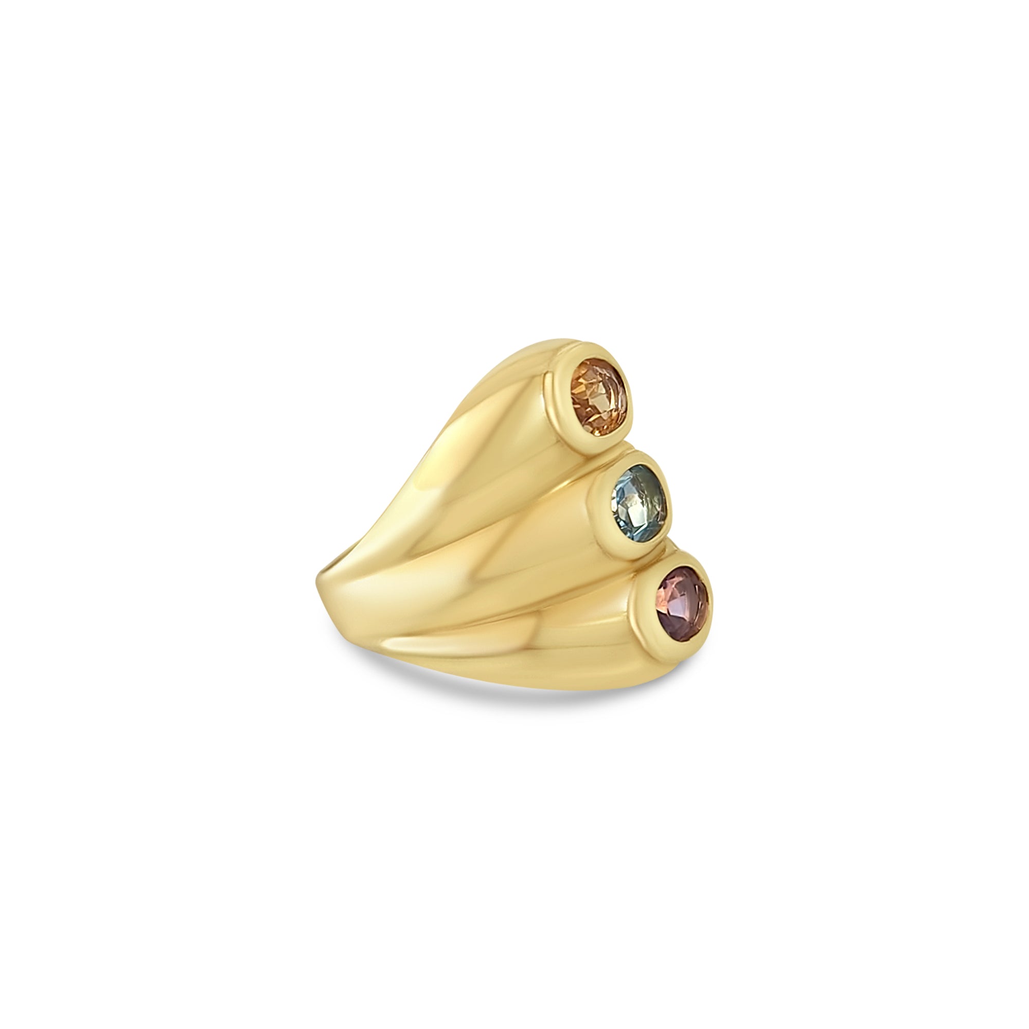 Anillo de amatista, citrino y topacio azul en oro amarillo de 14 k