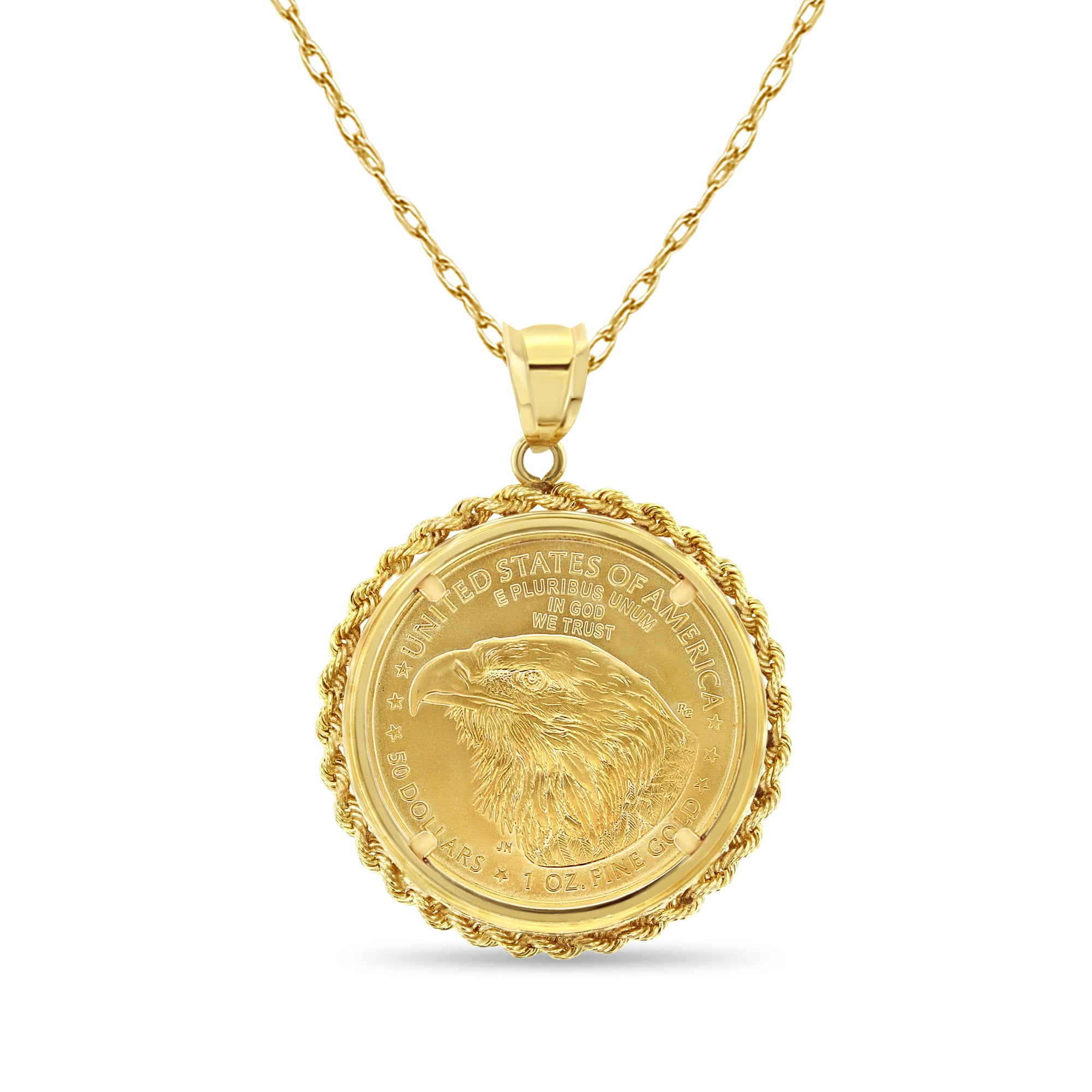 1OZ Fine Gold Lady Liberty Medallion Necklace Rope Halo
