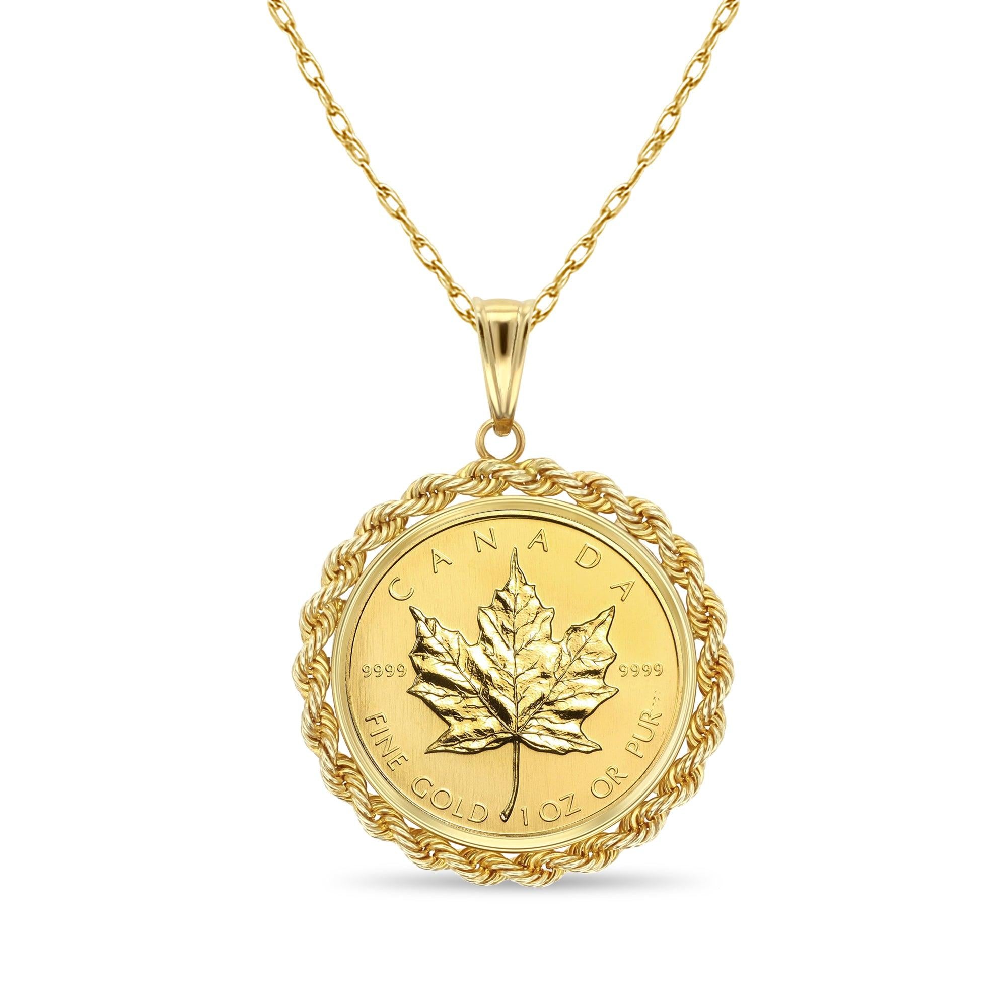 1OZ Canadian Maple Leaf Coin Necklace with 4MM Rope Halo 14k Yellow Gold