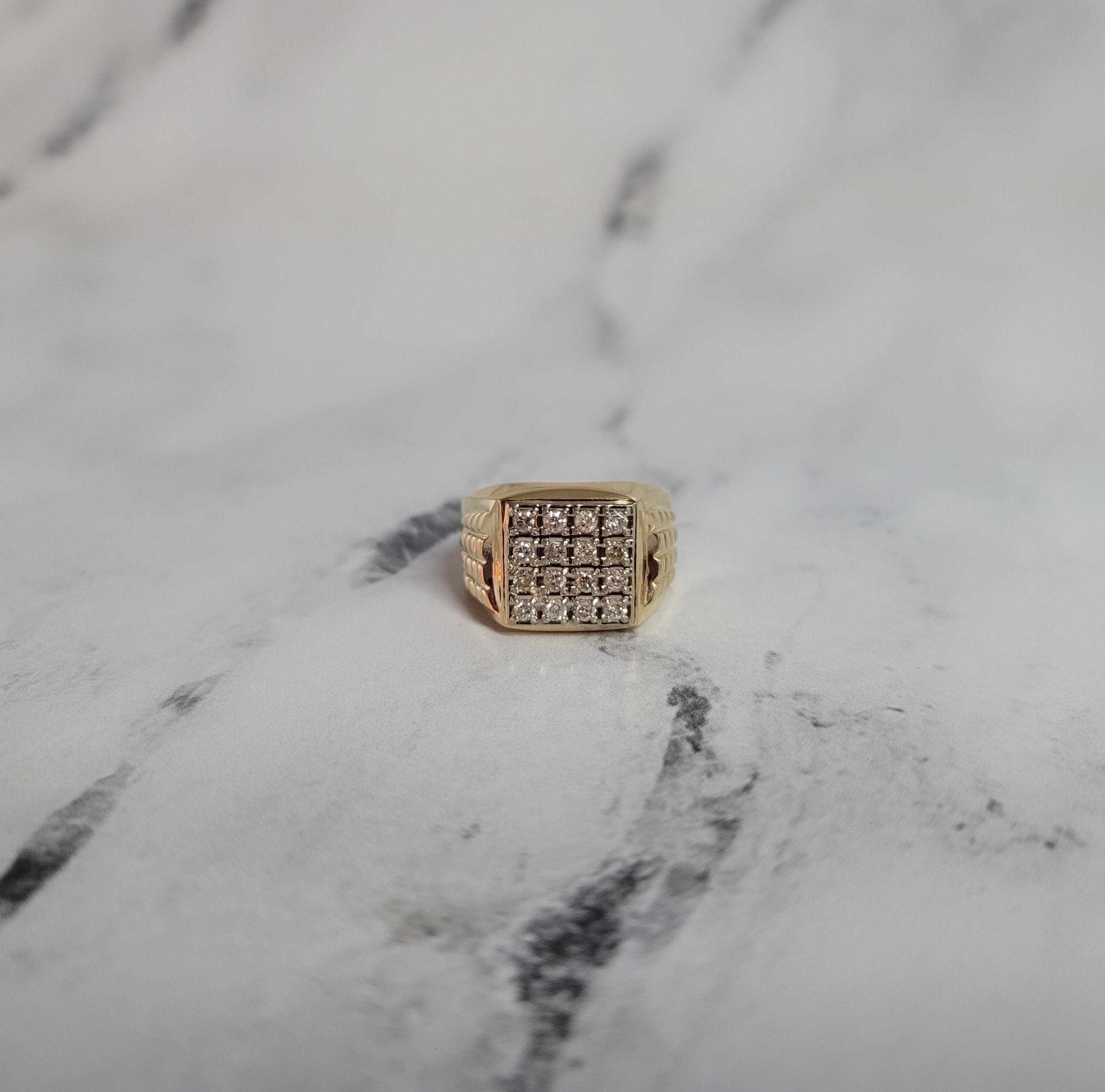 Sixteen Stone Square Faced Diamond Cluster Ring with Brick Patterned Band