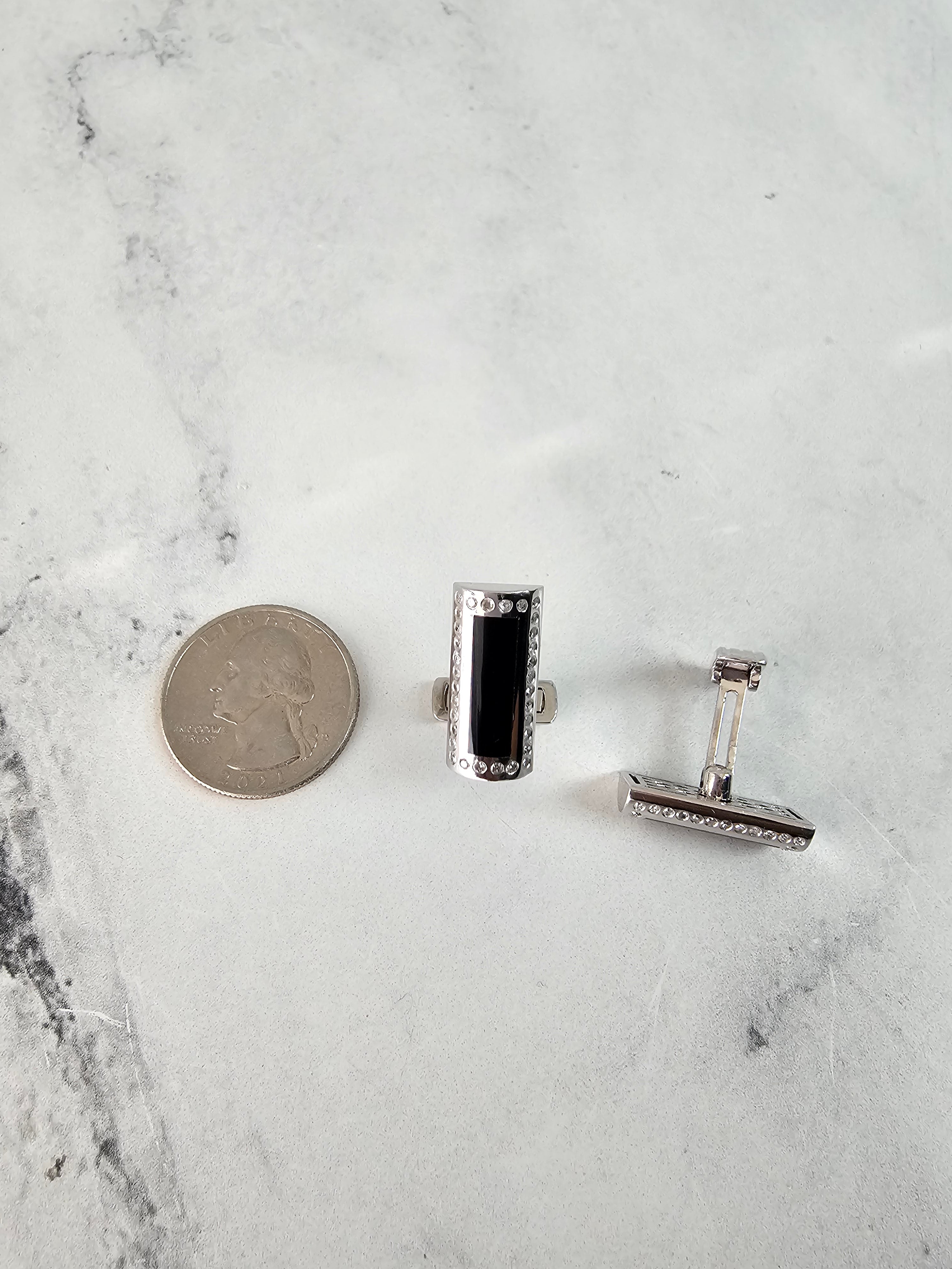 Gemelos rectangulares de ónix y diamantes en oro blanco de 14 k
