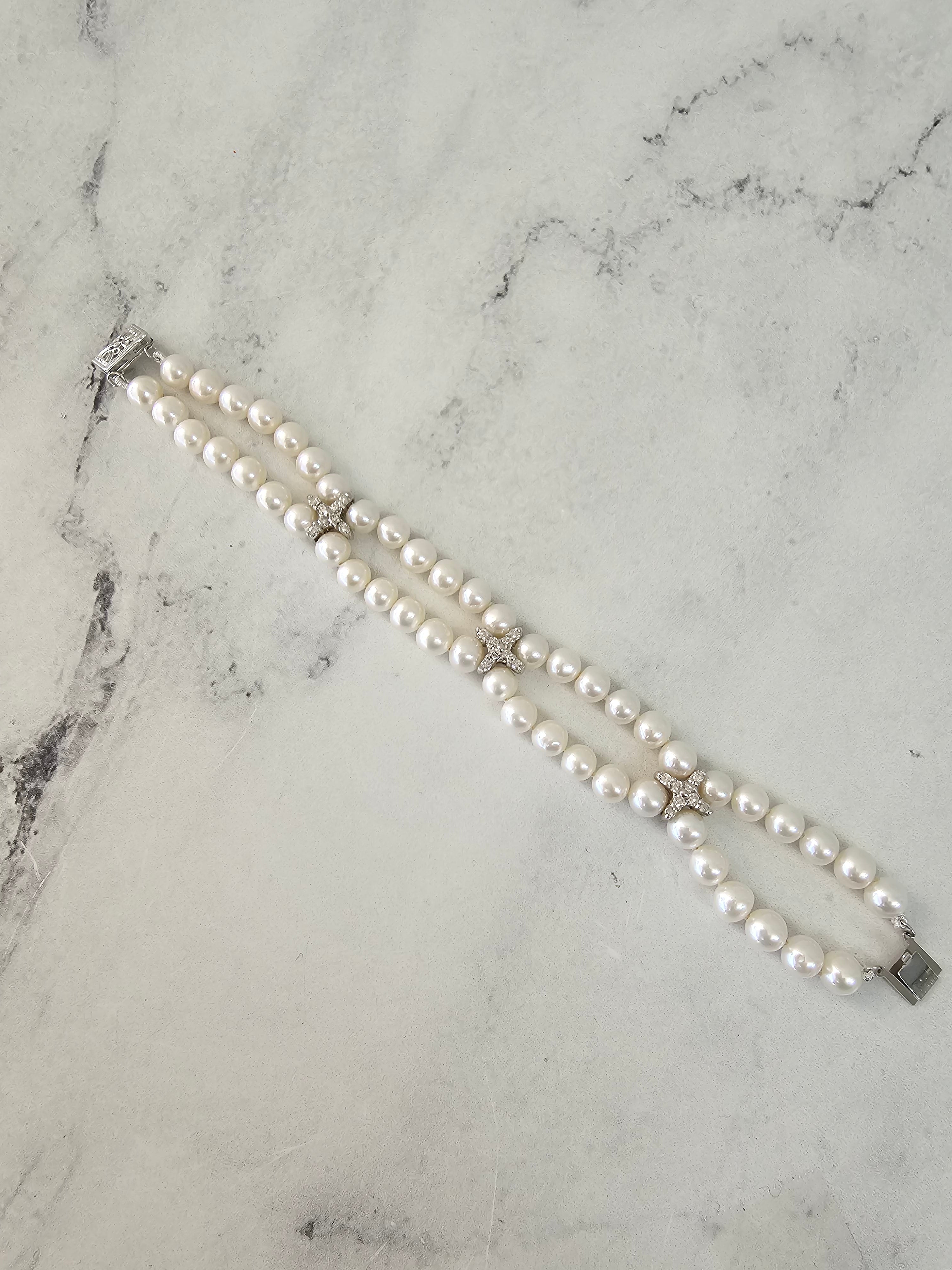 Pulsera de tenis con perlas y diamantes, 0,72 ct en oro blanco de 14 k