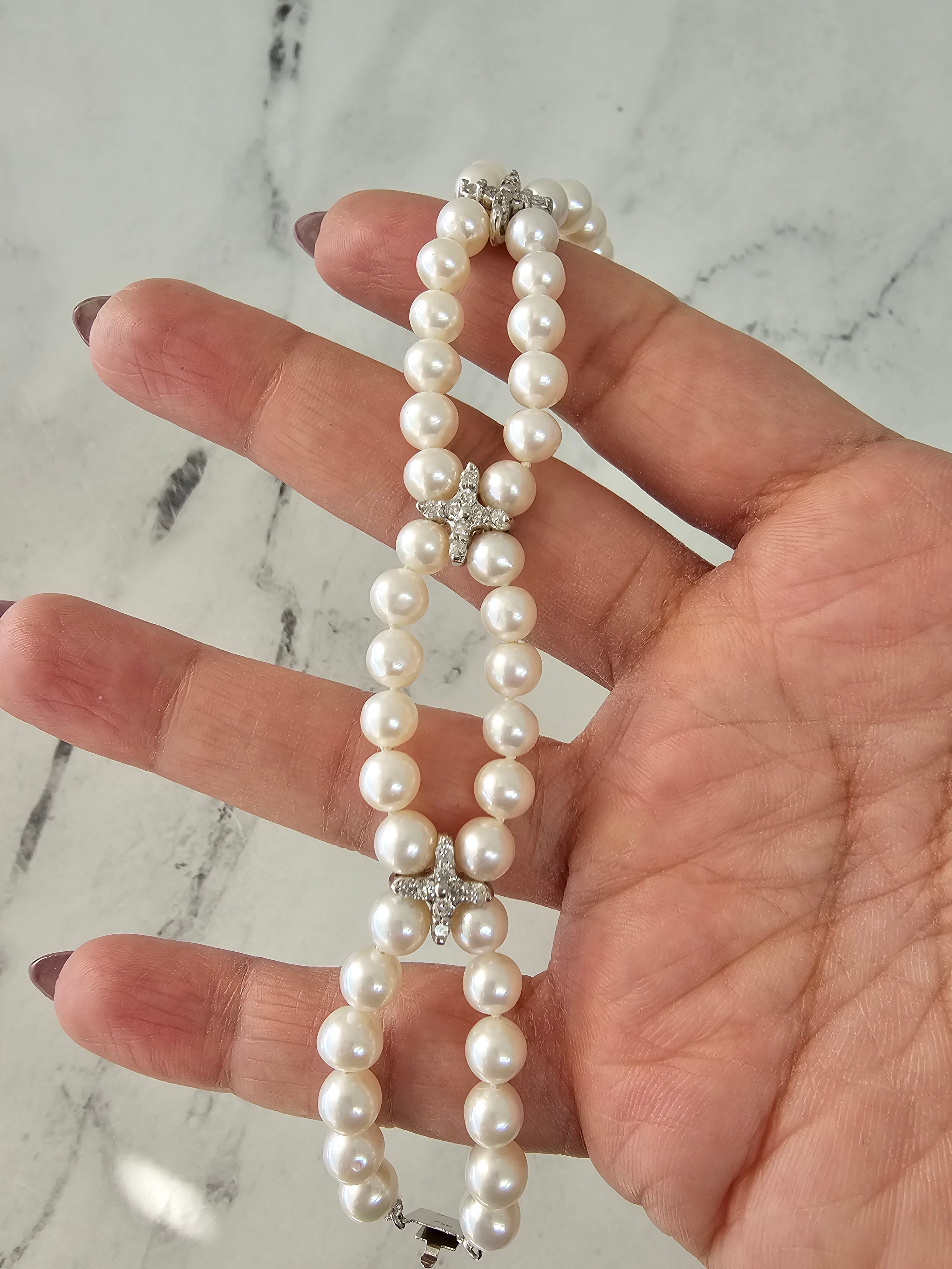 Pulsera de tenis con perlas y diamantes, 0,72 ct en oro blanco de 14 k