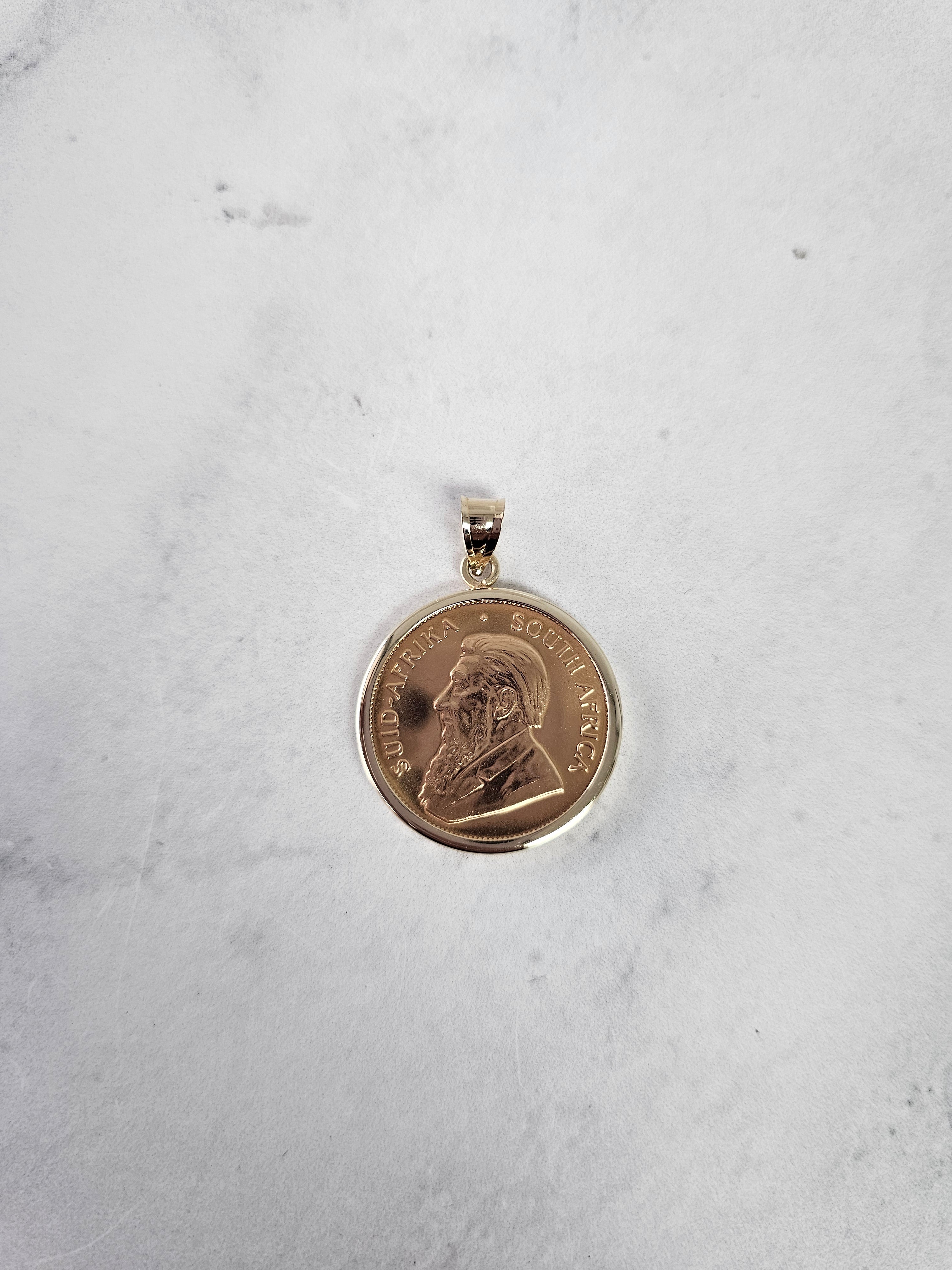 1/2OZ Fine Gold South African Krugerrand Coin Necklace with Polished Halo