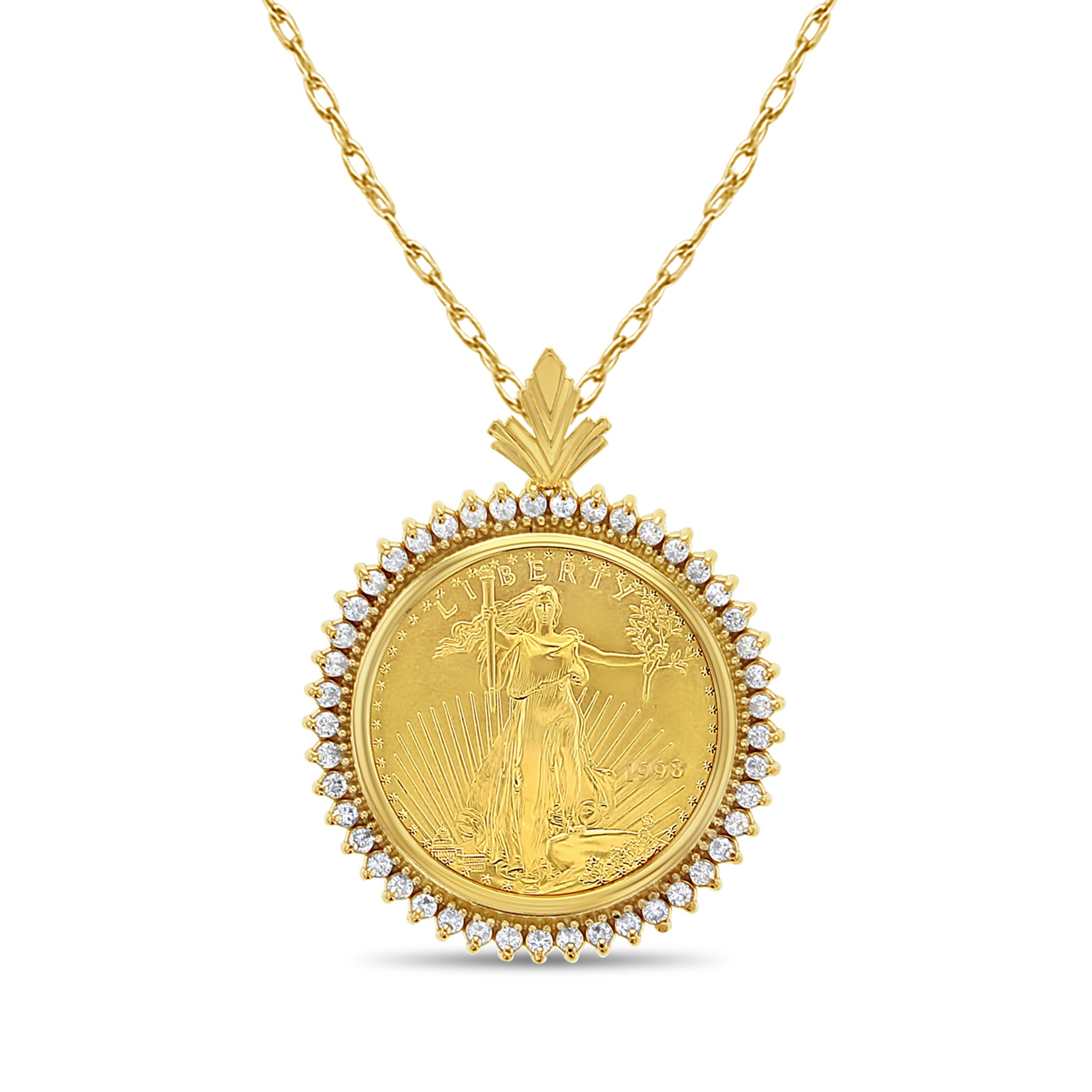 Collier Lady Liberty en or fin 22 carats avec halo de diamants, 1/2 oz, 25 dollars