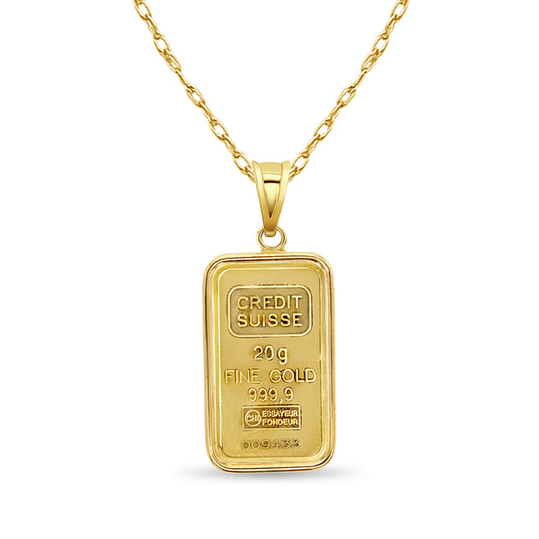 20 Gram Credit Suisse Gold Bar with Polished Bezel 14k Yellow Gold