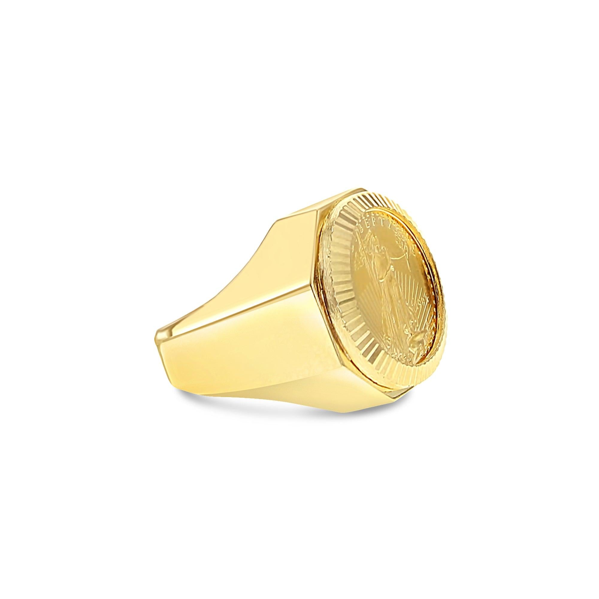 22K Fine Gold 1/10OZ Liberty Coin Ring with Fluted Bezel