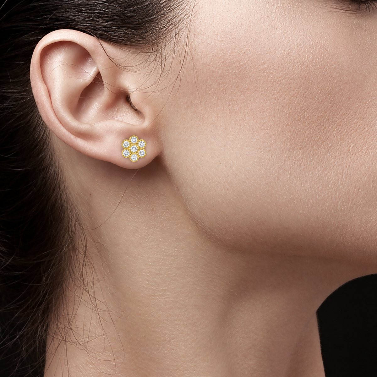 Flower Shaped Diamond Studs 14k Yellow Gold