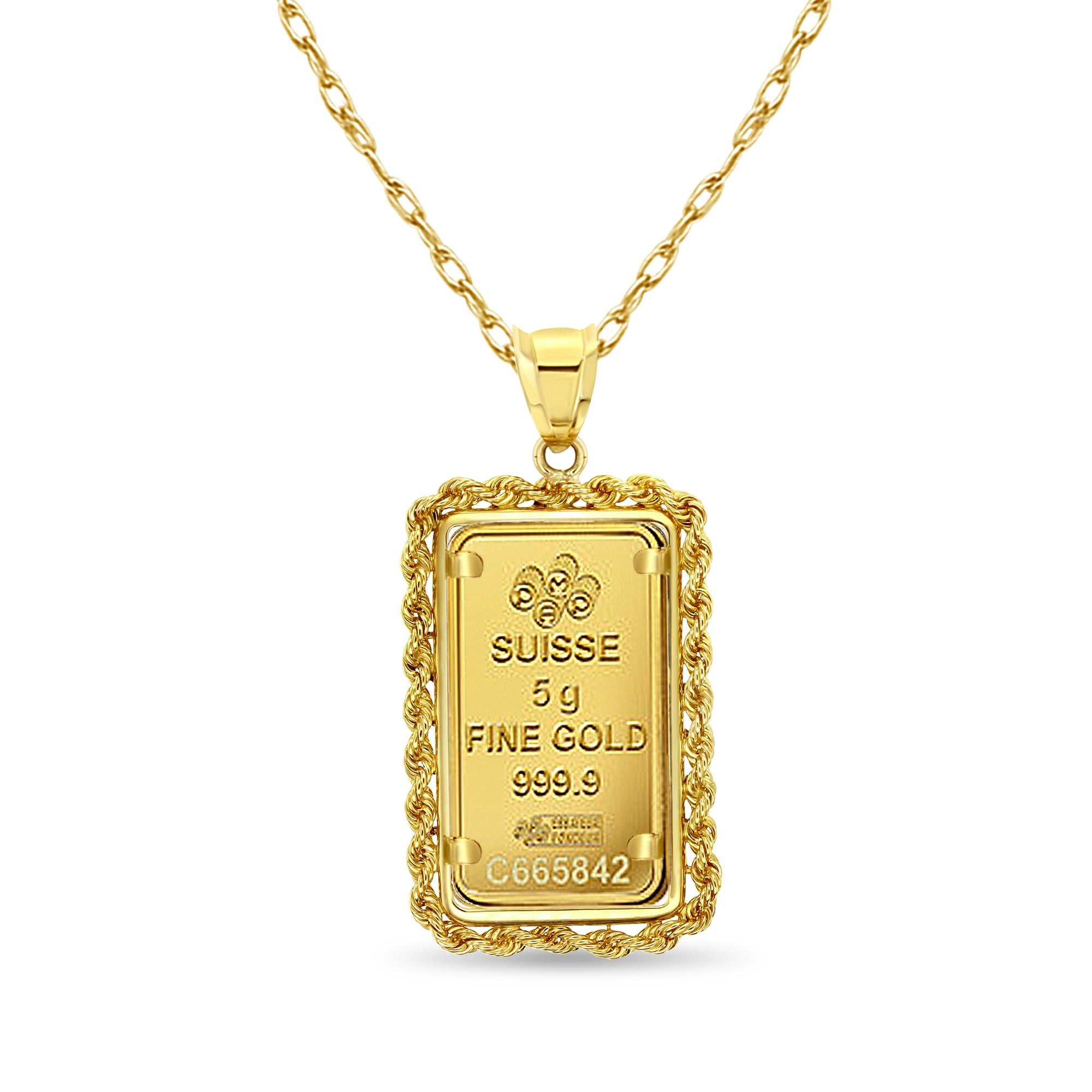 5 Gram Pamp Credit Suisse Gold Bar with Rope Bezel Necklace