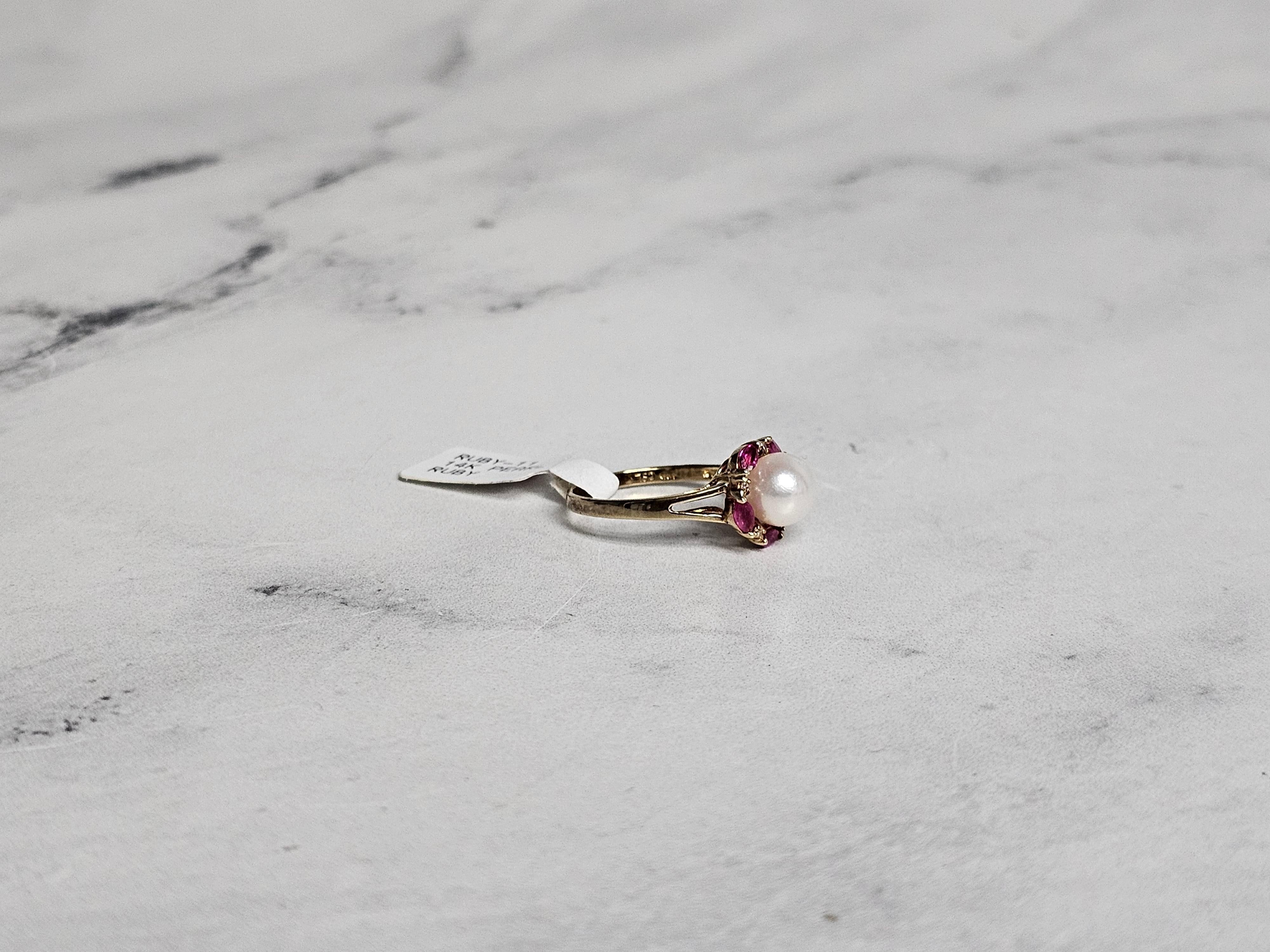 7MM Freshwater White Pearl & Ruby Diamond Halo Ring 14k Yellow Gold