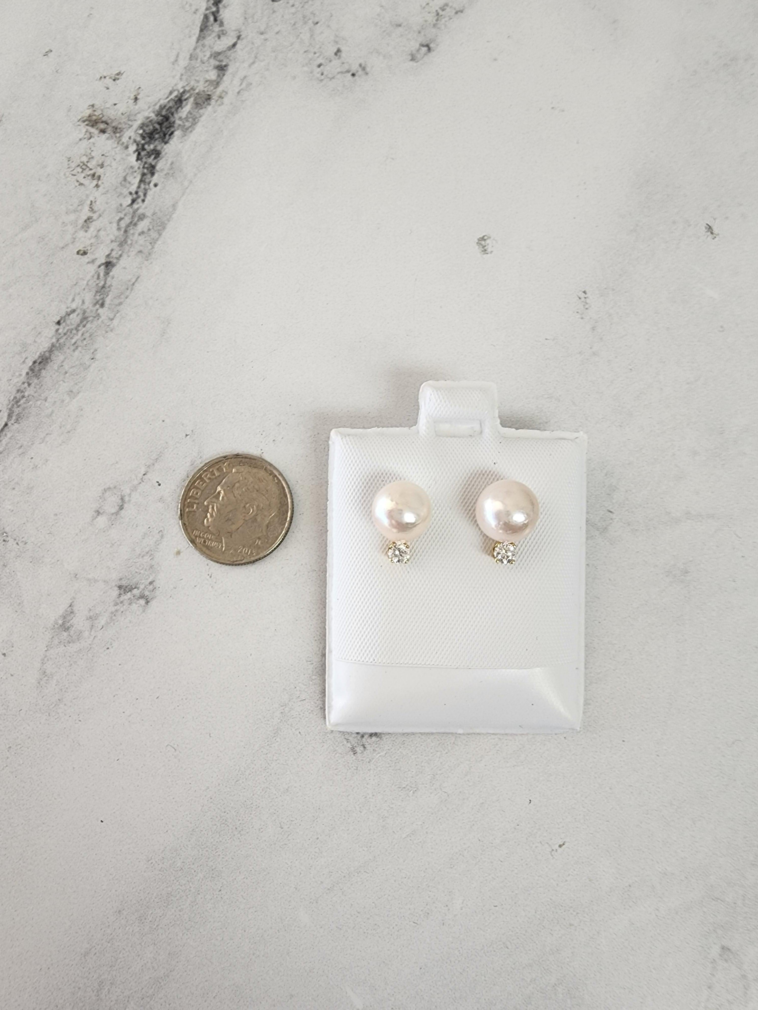 8MM Freshwater Pearl & Diamond Earring Studs 14k Yellow Gold