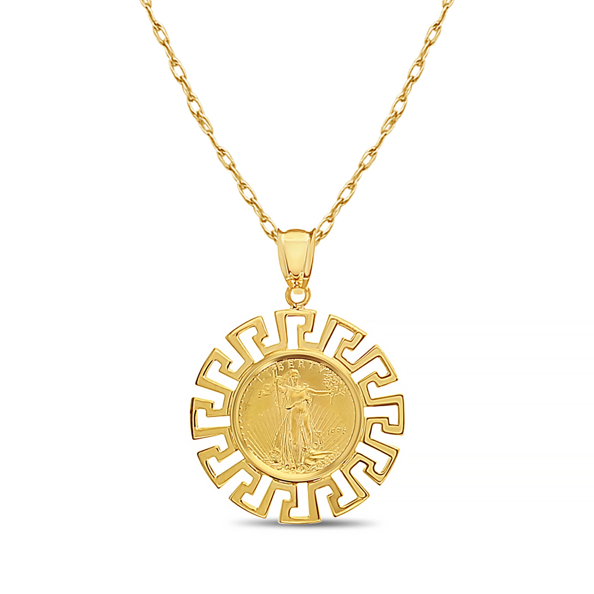 Greek Key Bezel 1/10OZ Lady Liberty Necklace 14k Yellow Gold