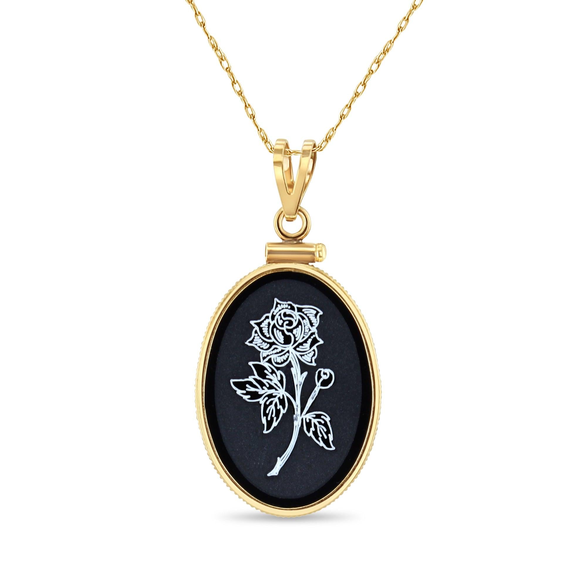 Black Onyx Rose Rose Etched Flower Oval Pendant