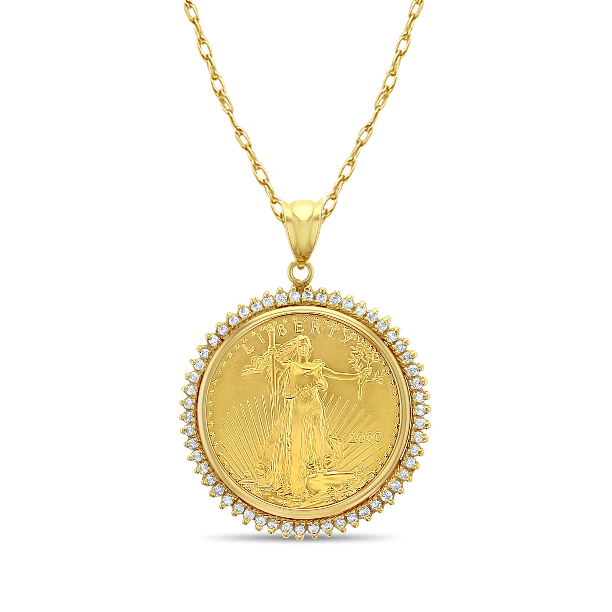 1OZ Fine Gold Lady Liberty Medallion Necklace with Diamond Halo