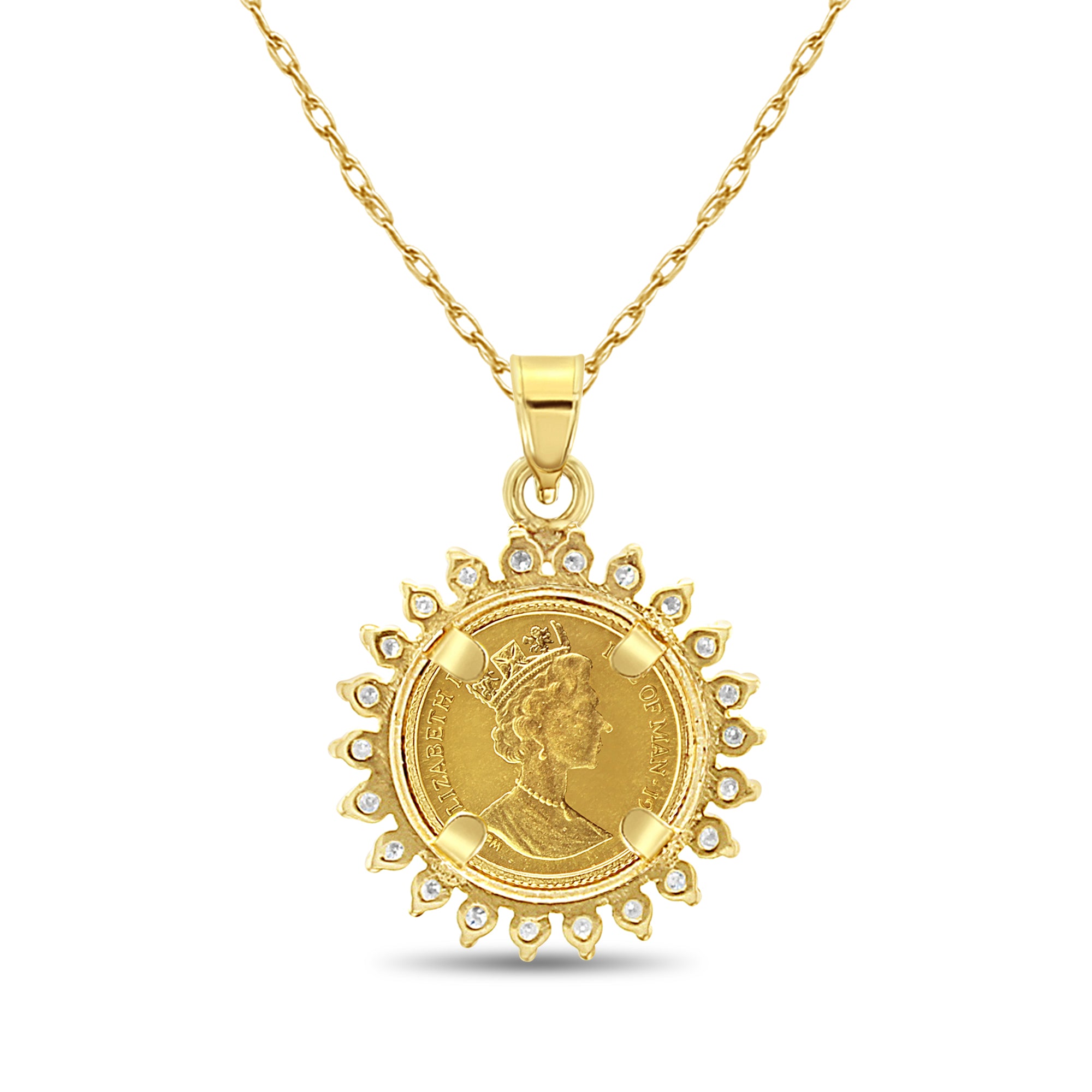 Collar con moneda de oro fino y halo de diamantes de la Isla de Man
