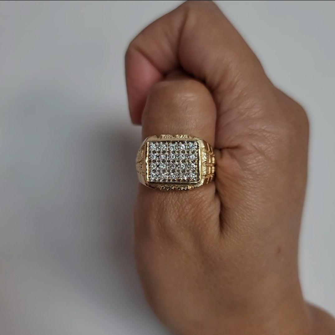 Diamond Cluster Ring with Brick Patterned Band 1.00cttw 14k Yellow Gold