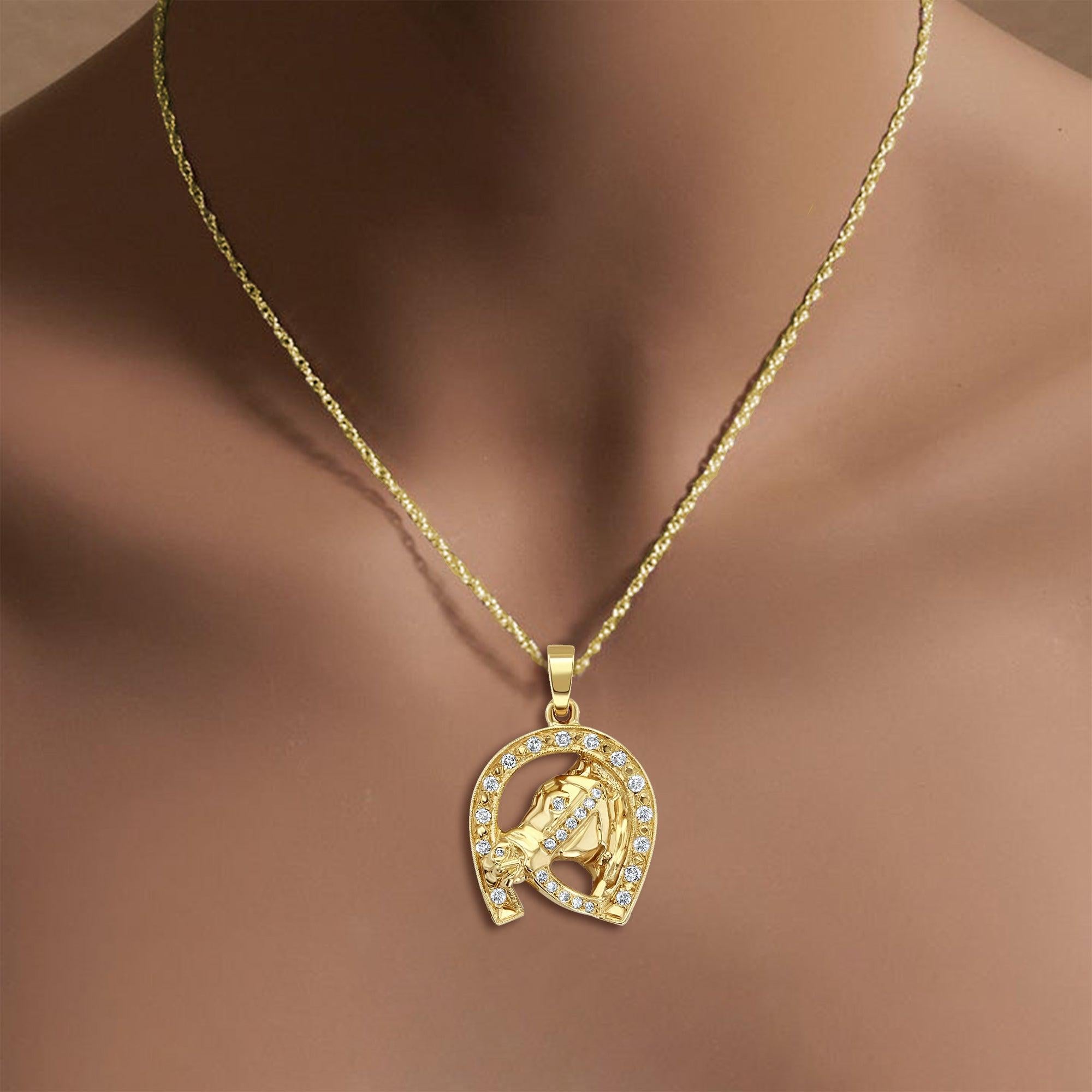 Diamond Horseshoe Horse Head Necklace .55cttw 14k Yellow Gold