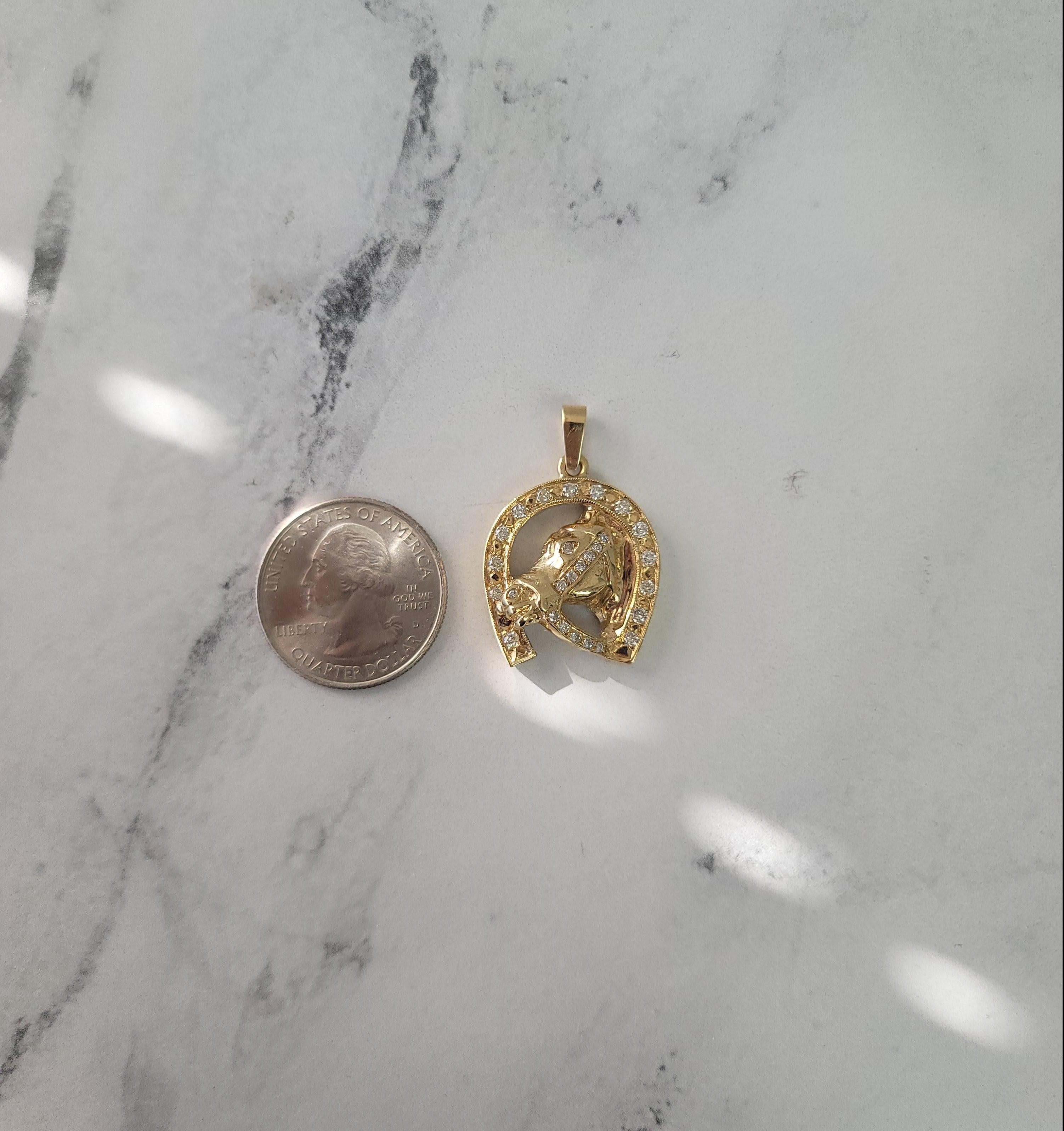 Diamond Horseshoe Horse Head Necklace .55cttw 14k Yellow Gold