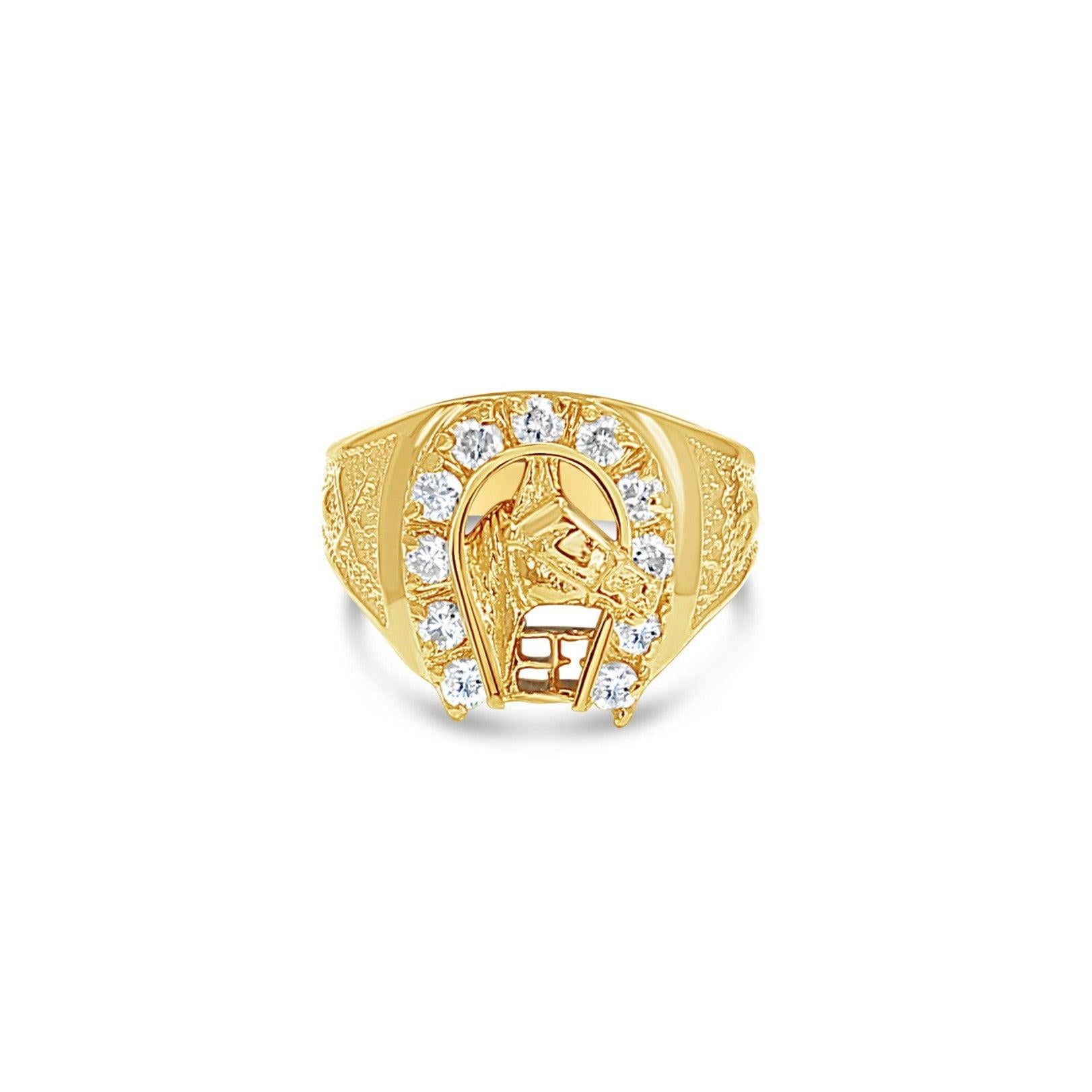 Diamond Horseshoe with Horse Head Ring 14k Yellow Gold