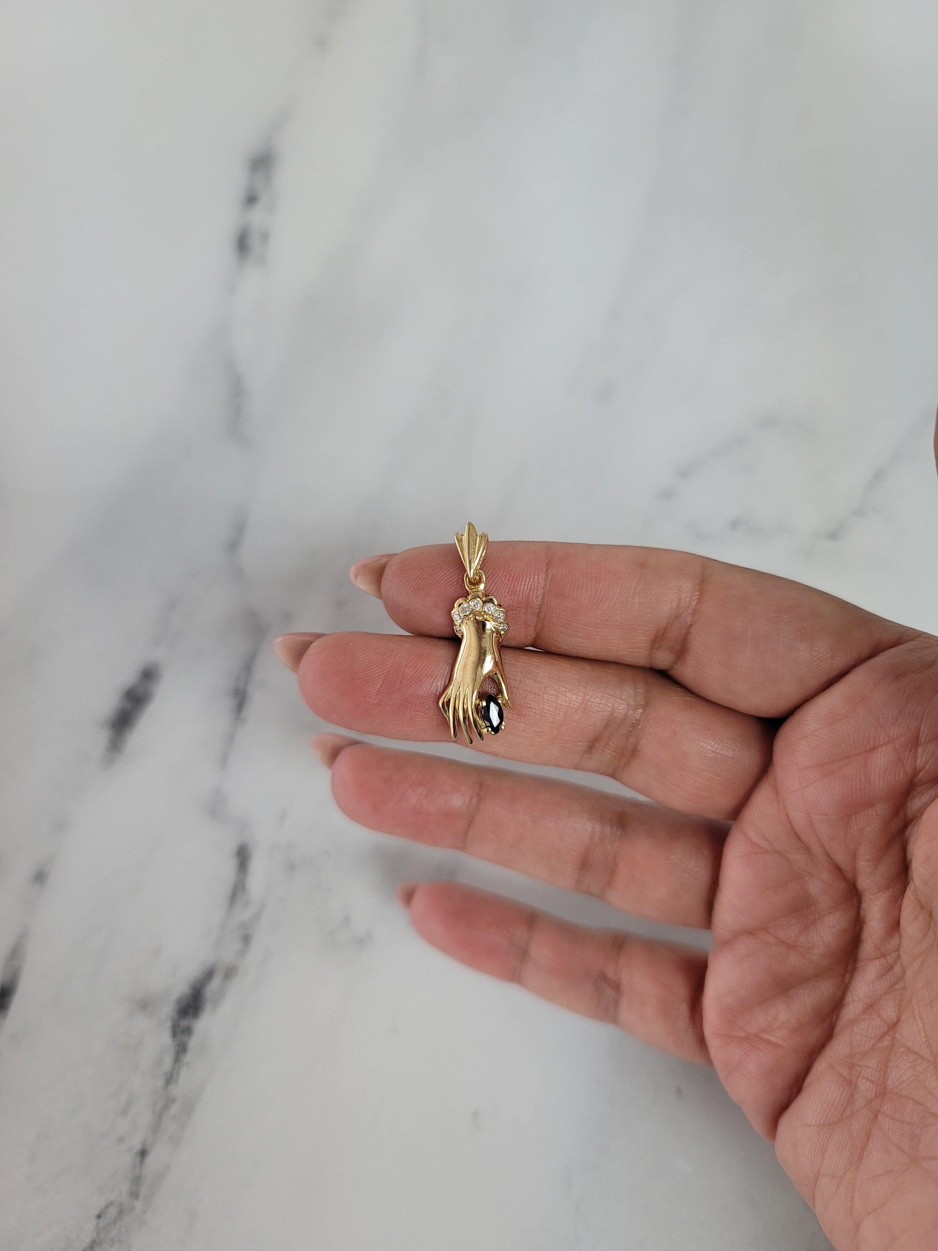 Diamond & Sapphire Mudra Hand Necklace .26cttw 14k Yellow Gold