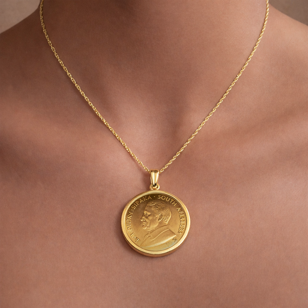 1/2OZ Fine Gold South African Krugerrand Coin Necklace with Polished Halo