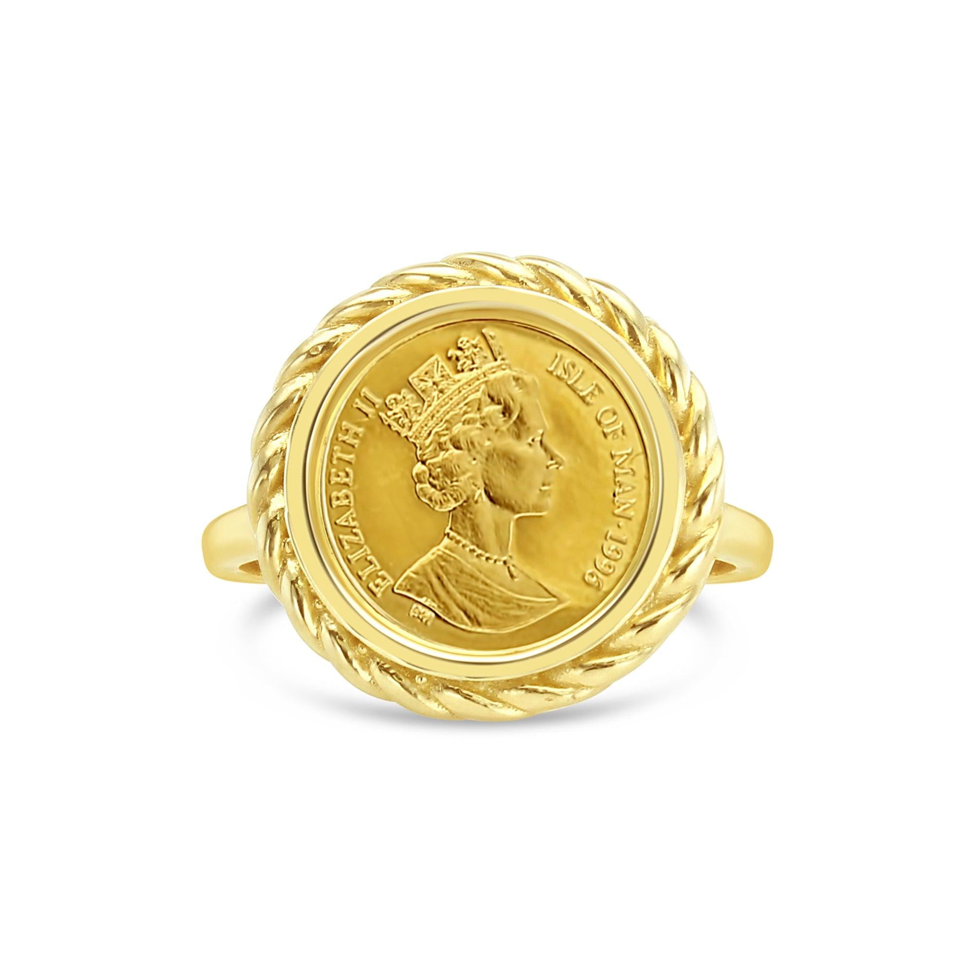Elizabeth II Isle of Man Gold Coin Rope Ring 14k Yellow Gold