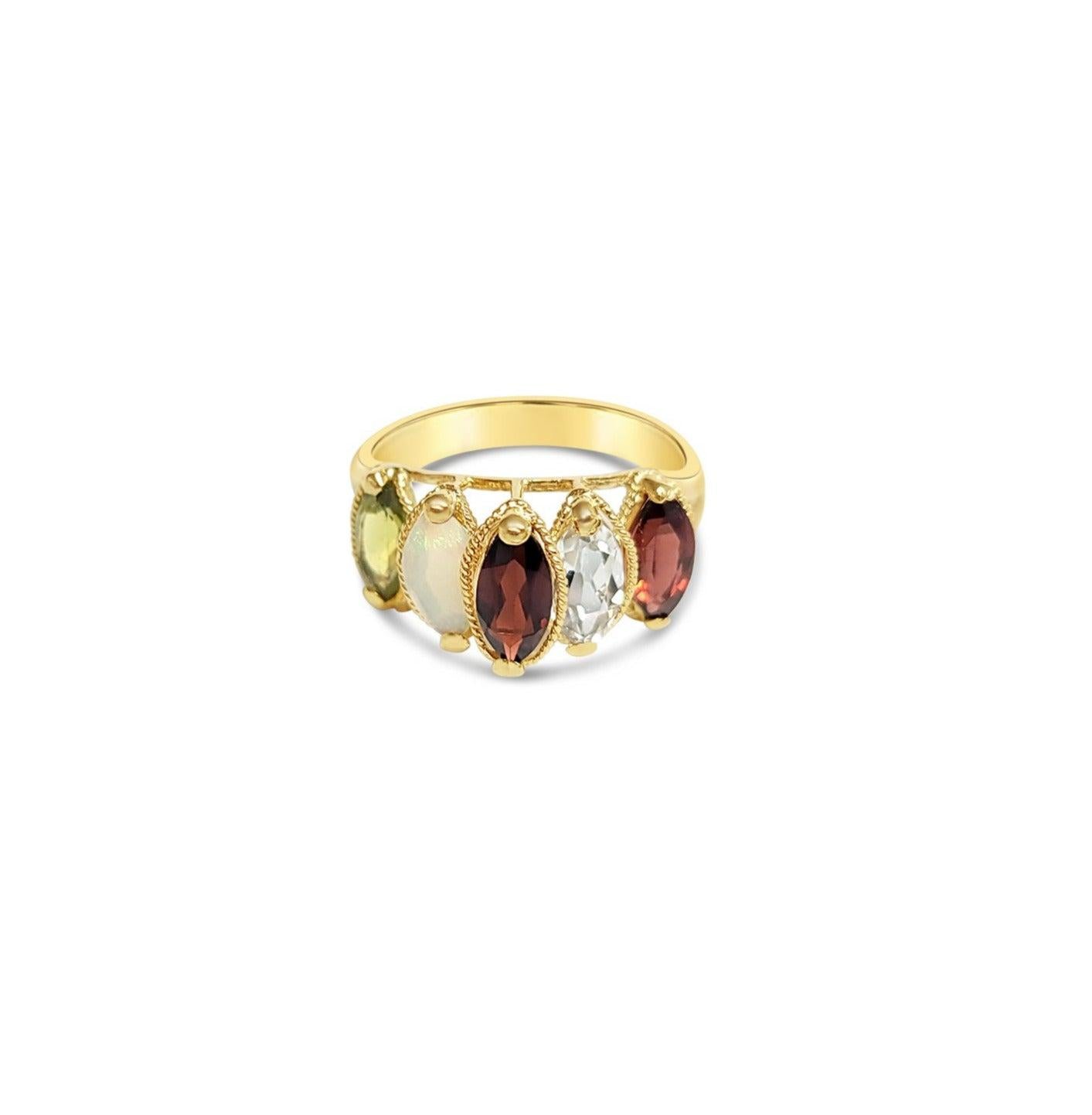 Garnet, Opal, Peridot, Cubic Zirconia Ring with Rope Design