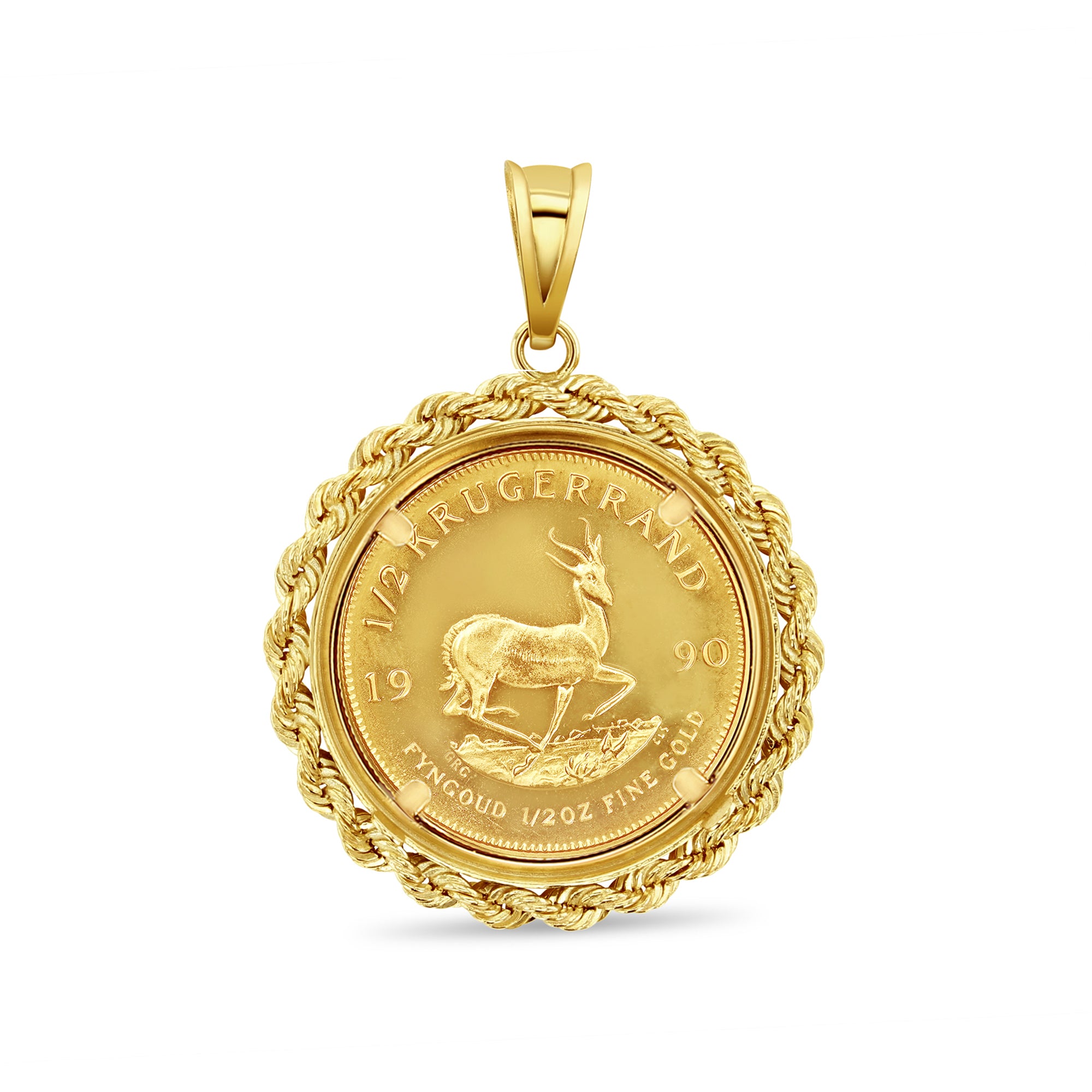Collar con moneda Krugerrand sudafricana de oro fino de 1/2 oz con bisel de cuerda