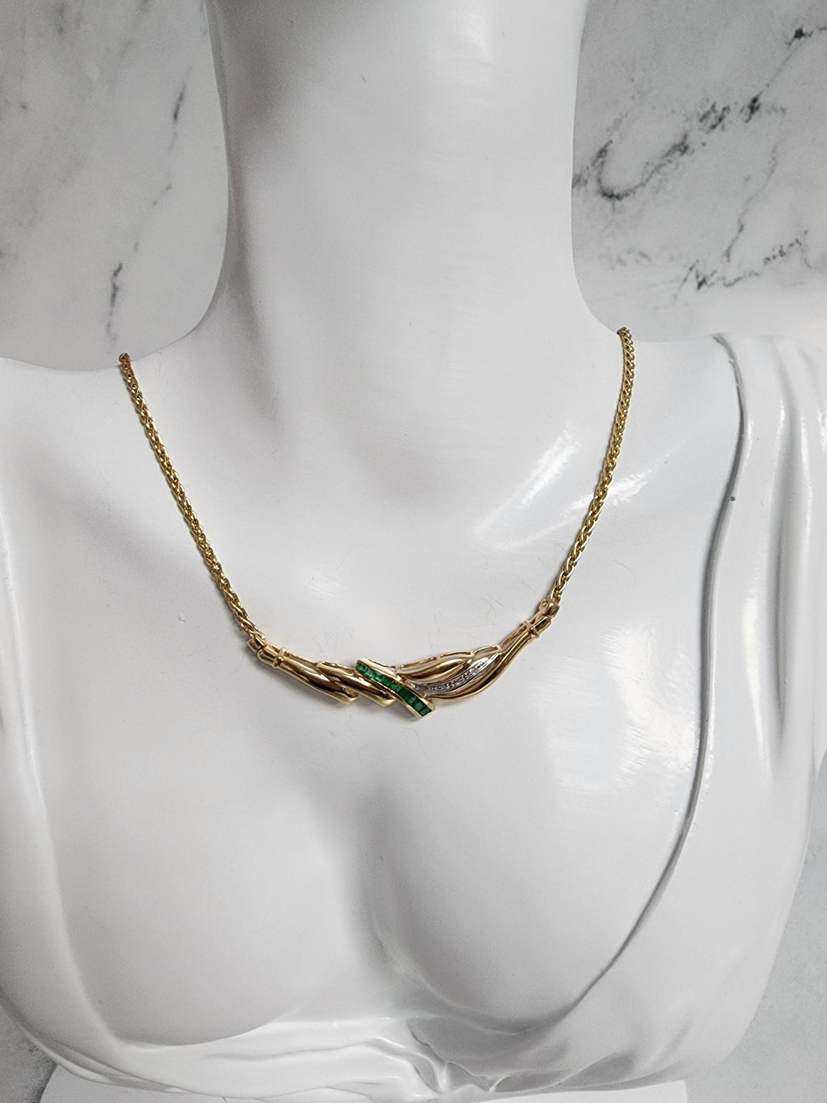 Half Carat Emerald & Diamond Necklace with Wheat Chain