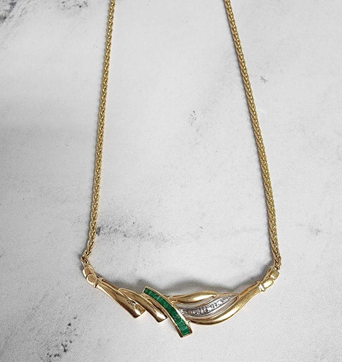 Half Carat Emerald & Diamond Necklace with Wheat Chain