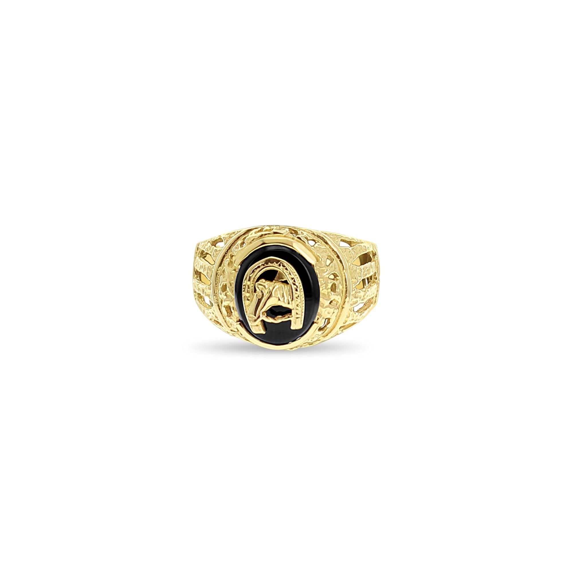 Horseshoe with Horse Head Onyx Ring 14k Yellow Gold