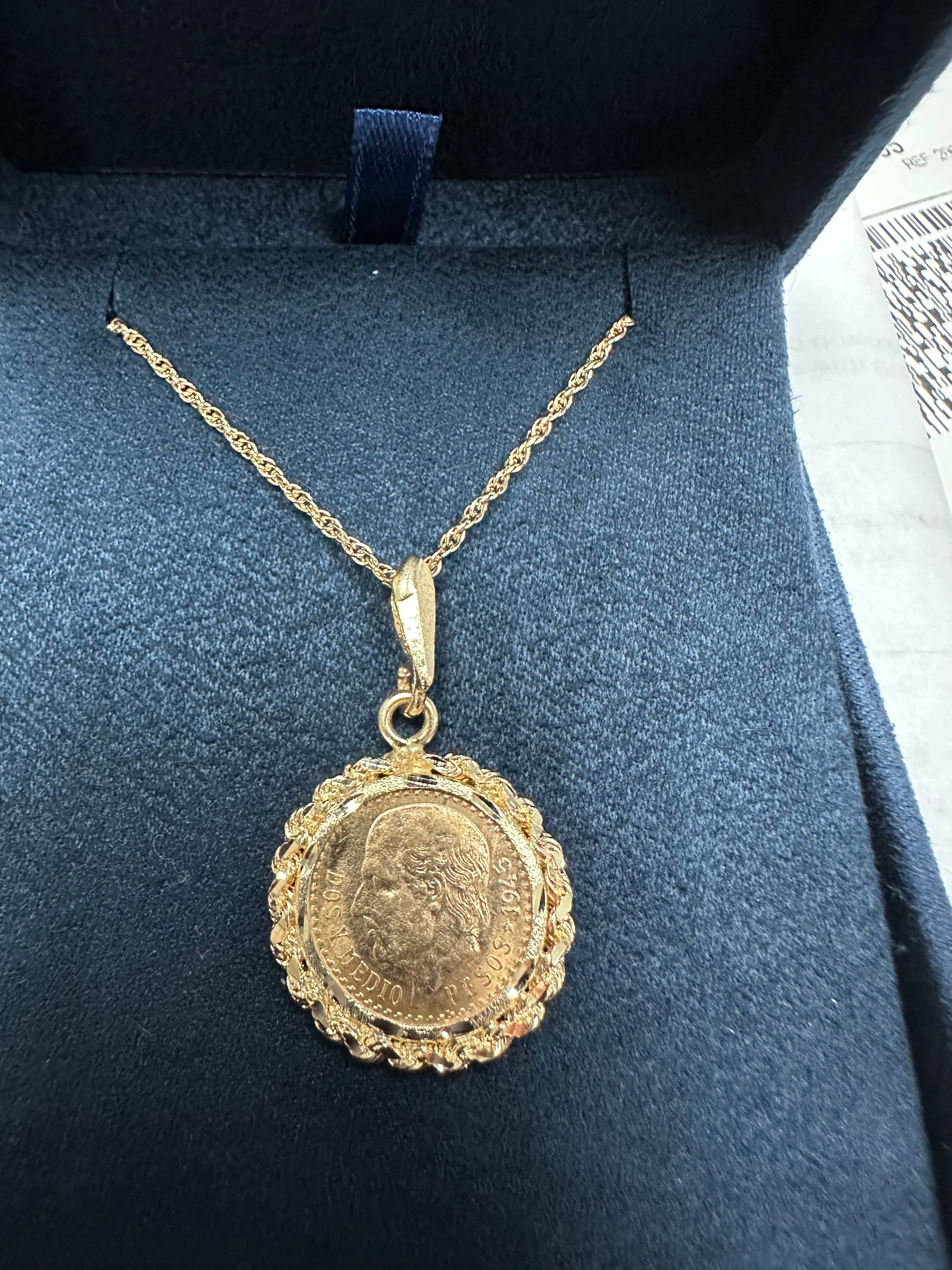 Dos y Medio Pesos Rope & Diamond Cut Necklace 14k Yellow Gold