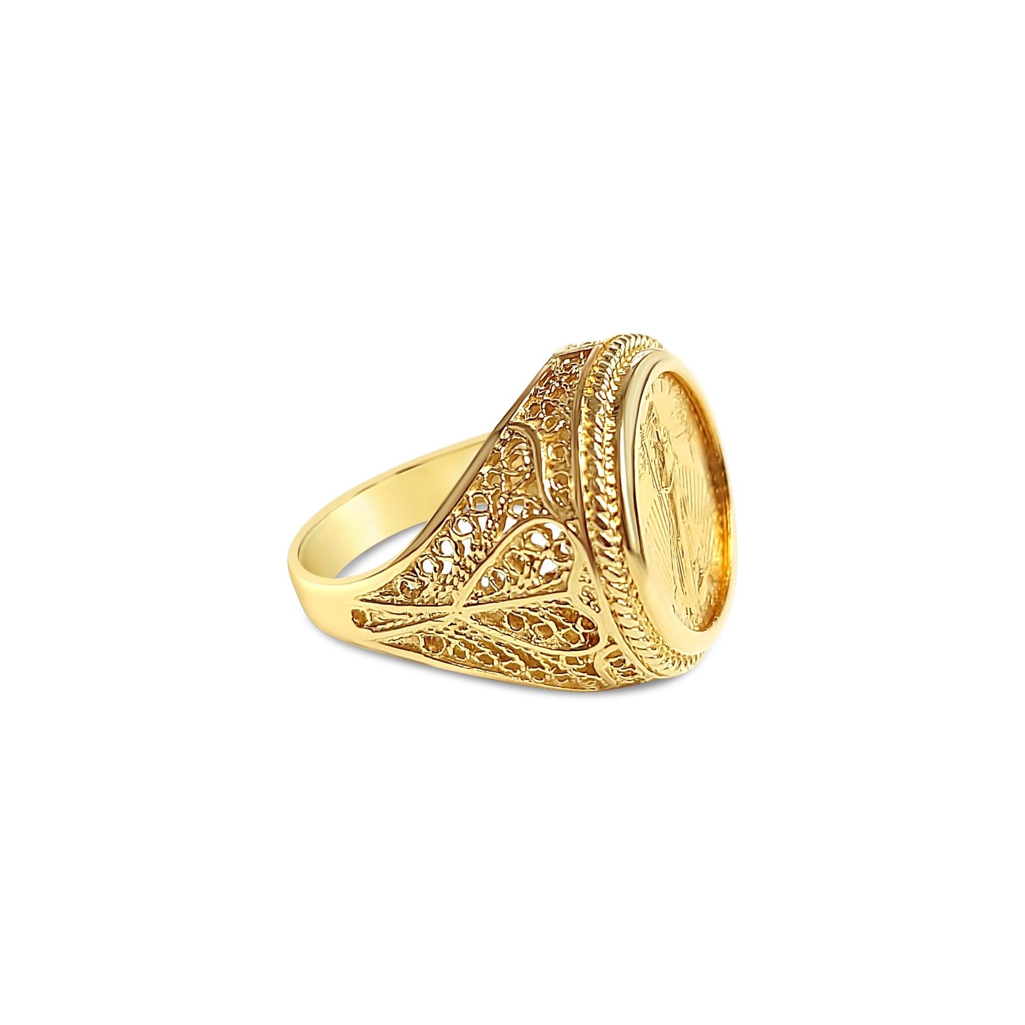 Lady Liberty 22K Fine Gold Ring 1/10OZ with Rope & Heart Design Band