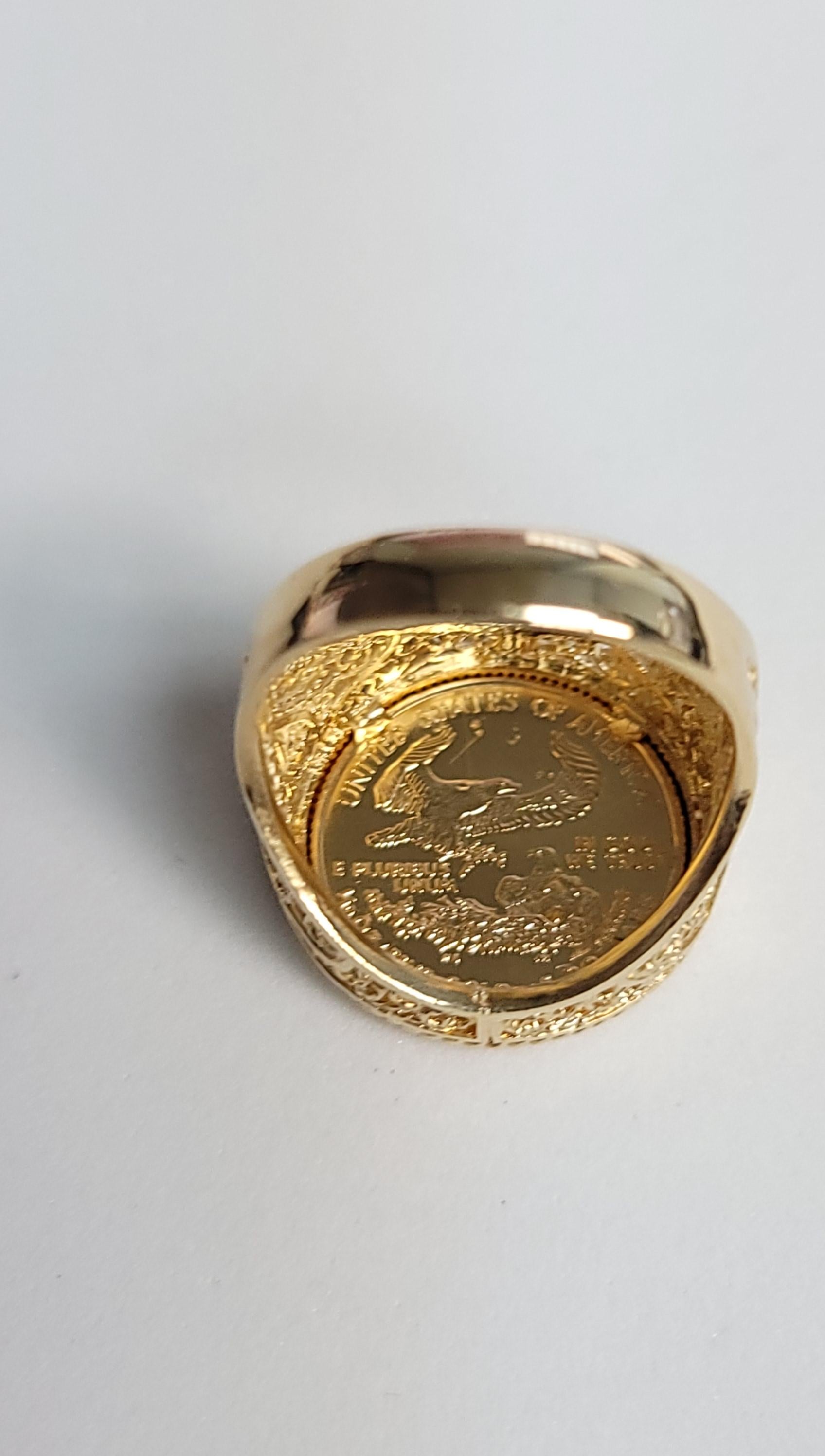 Lady Liberty 22K Fine Gold Ring 1/10OZ with Rope & Heart Design Band