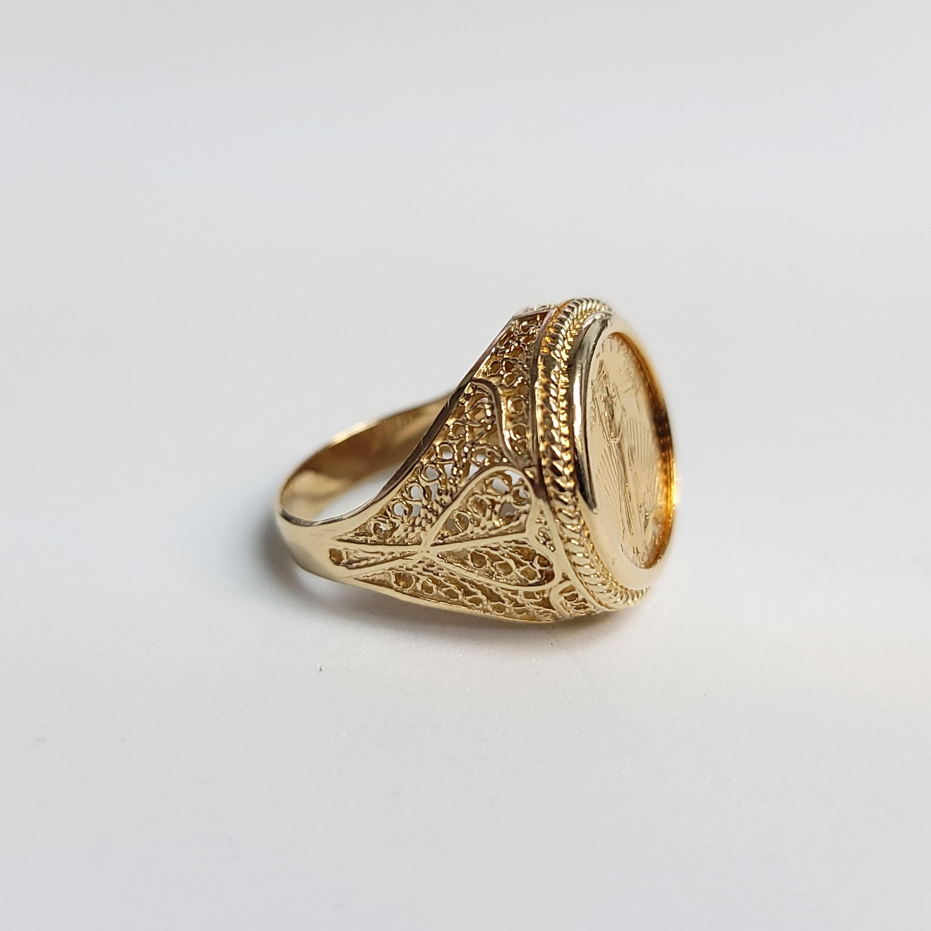 Lady Liberty 22K Fine Gold Ring 1/10OZ with Rope & Heart Design Band