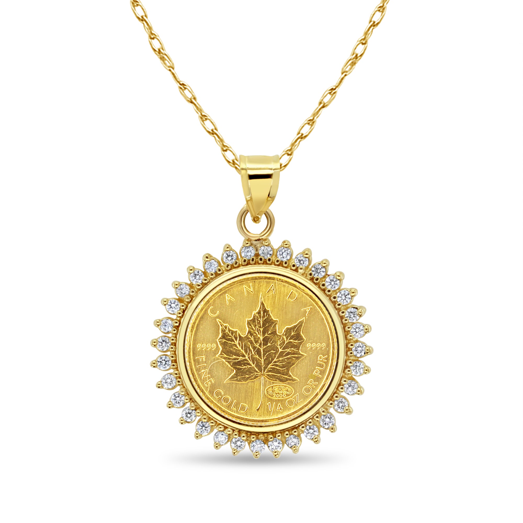 Collier en or fin 1/4 oz avec pièce de monnaie en forme de feuille d'érable canadienne et diamant