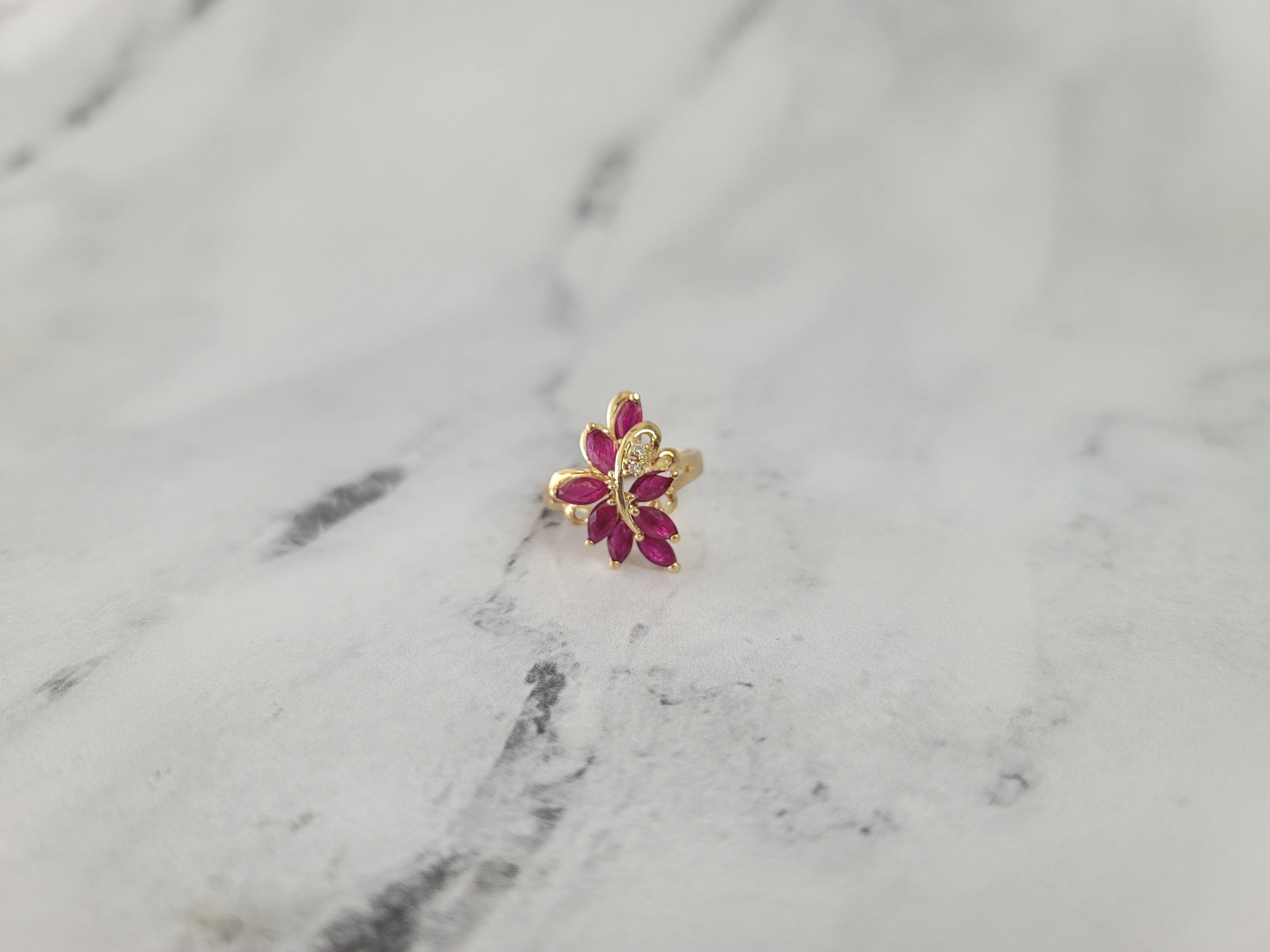 Marquise Ruby Leaf Floral Cluster Ring 14k Yellow Gold