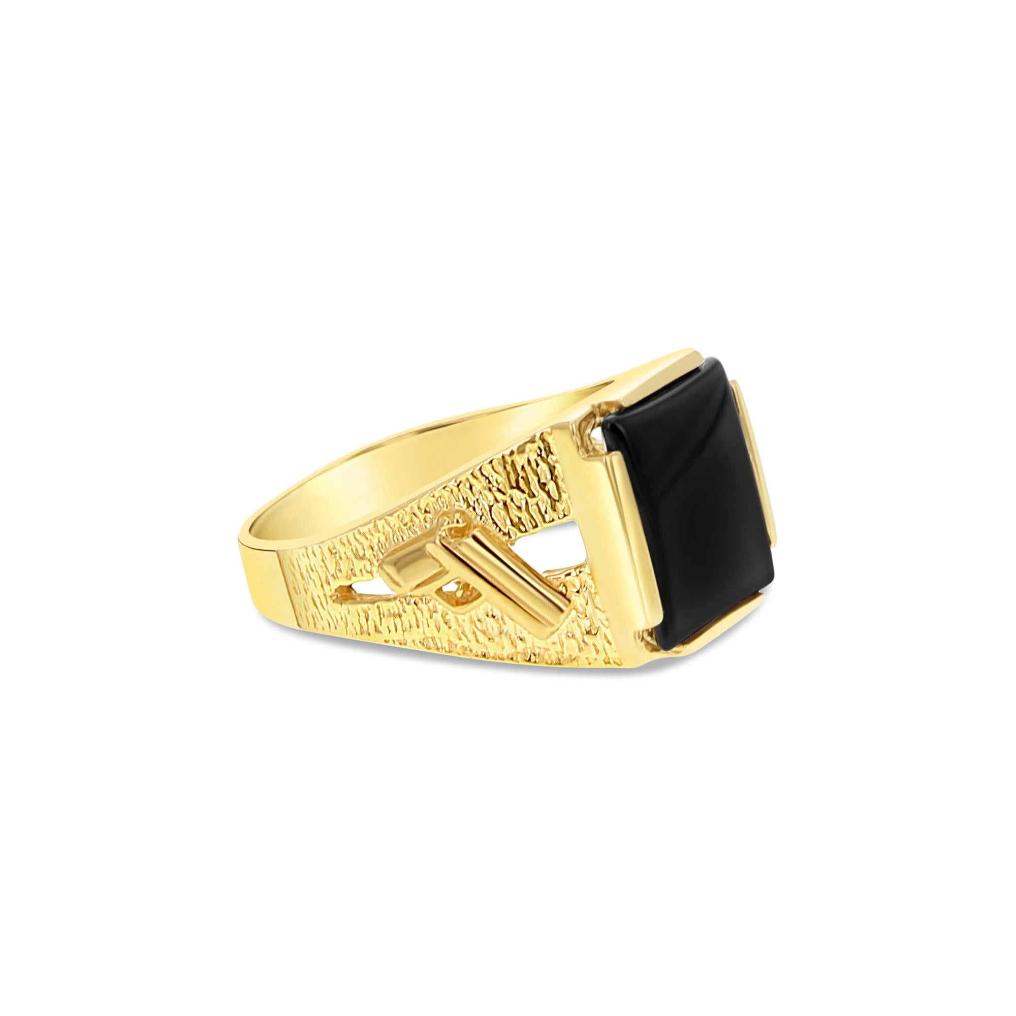 Men's Square Onyx Ring with Gun Design 14k Yellow Gold