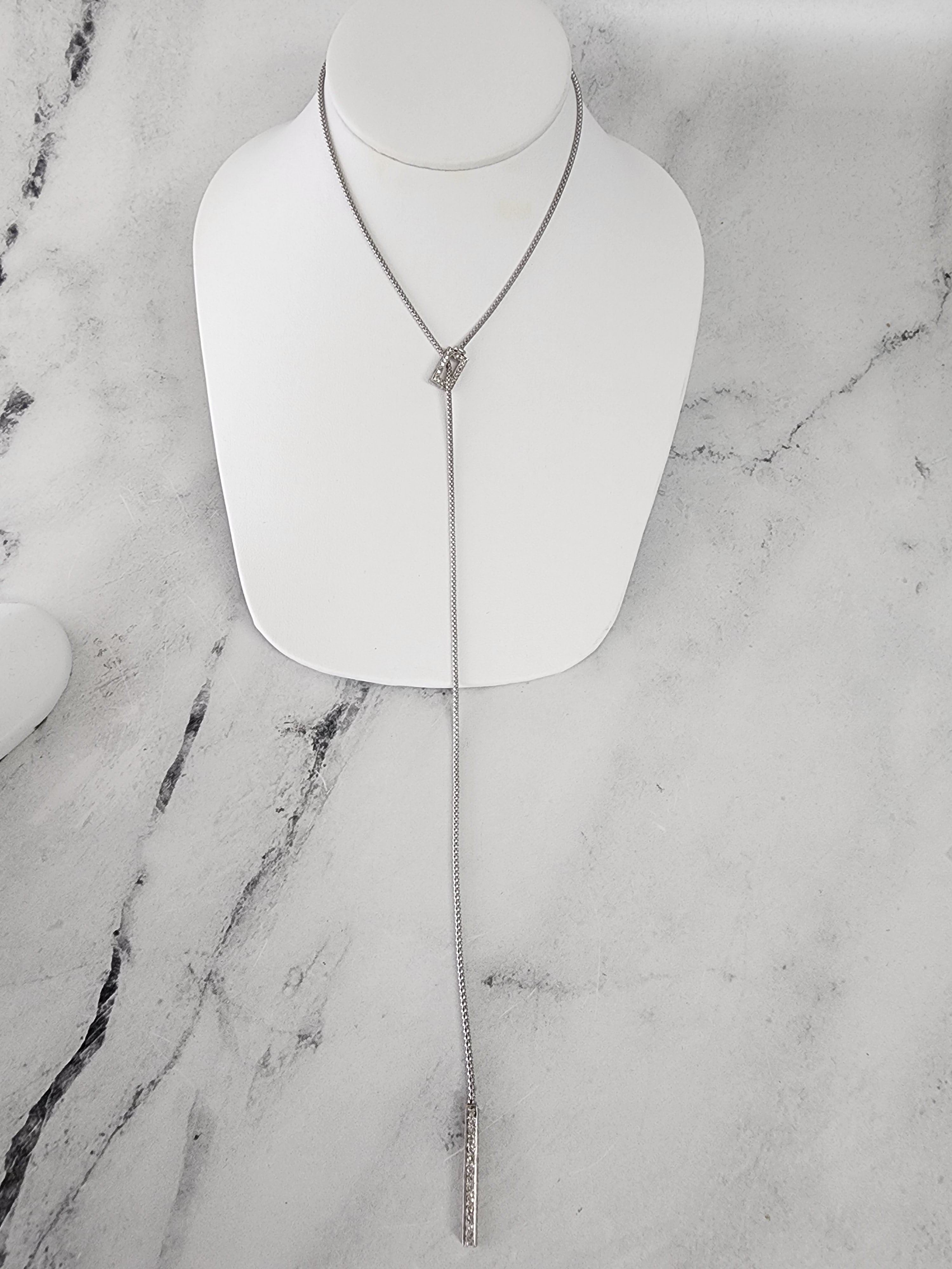 Diamond Y Drop Bar Necklace 1.20cttw 14K White Gold