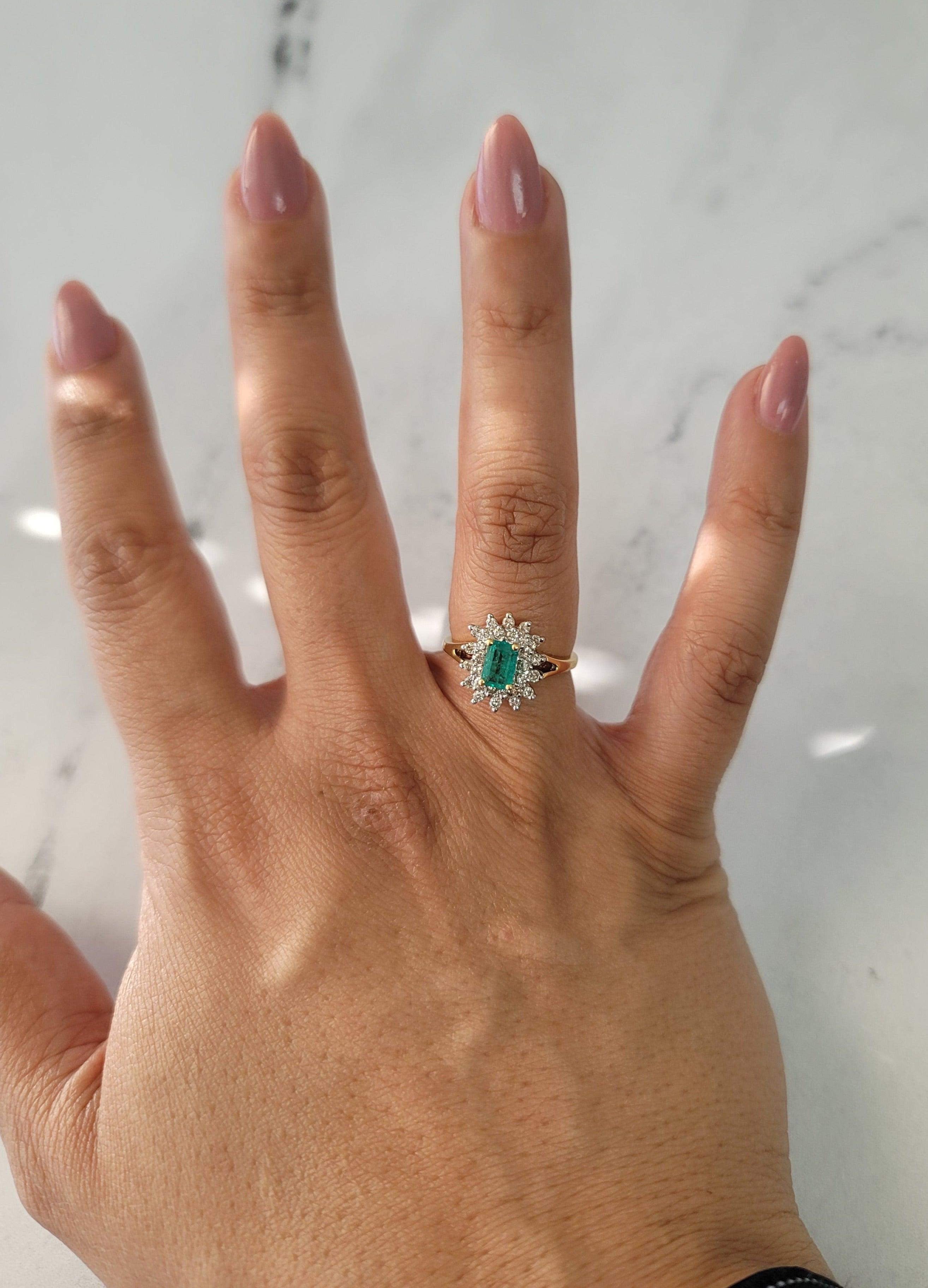 One Carat Emerald & Diamond Halo Engagement Ring