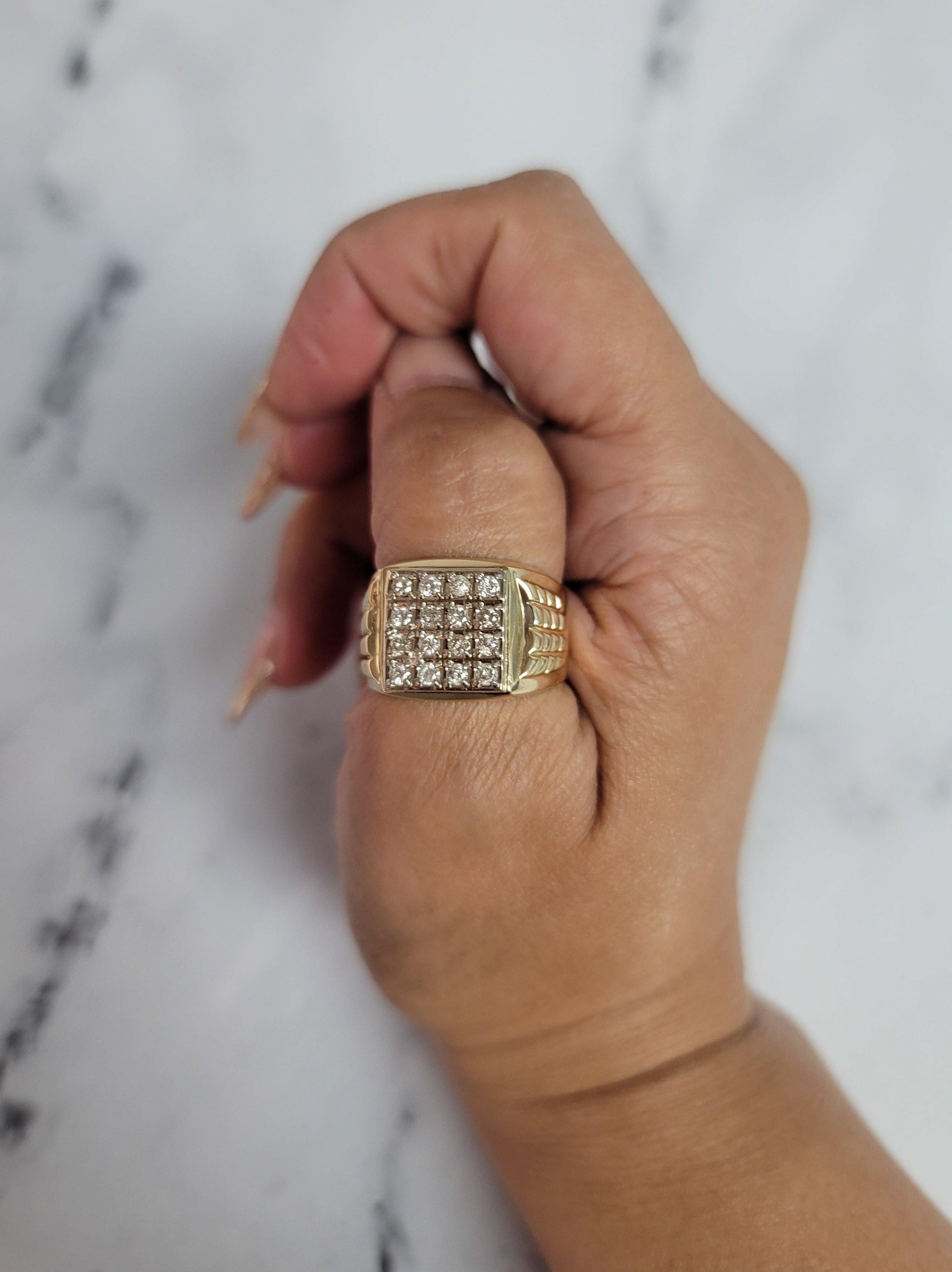 One Carat Square Faced Diamond Cluster Ring with Brick Patterned Band