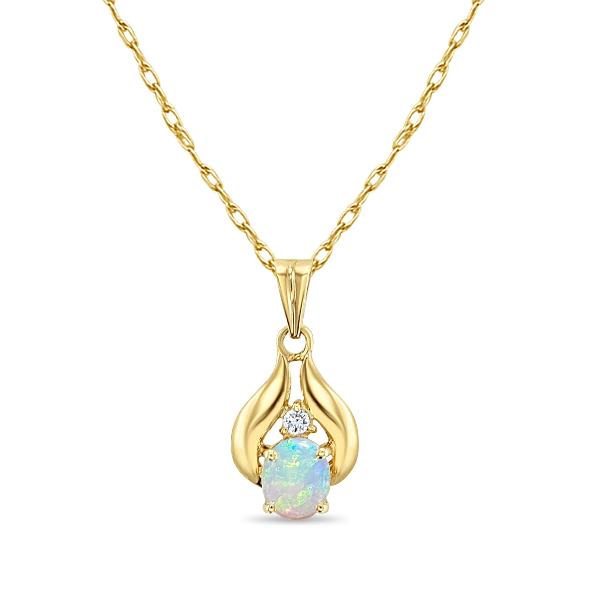 Oval Opal Necklace with Diamond Accents 14k Yellow Gold