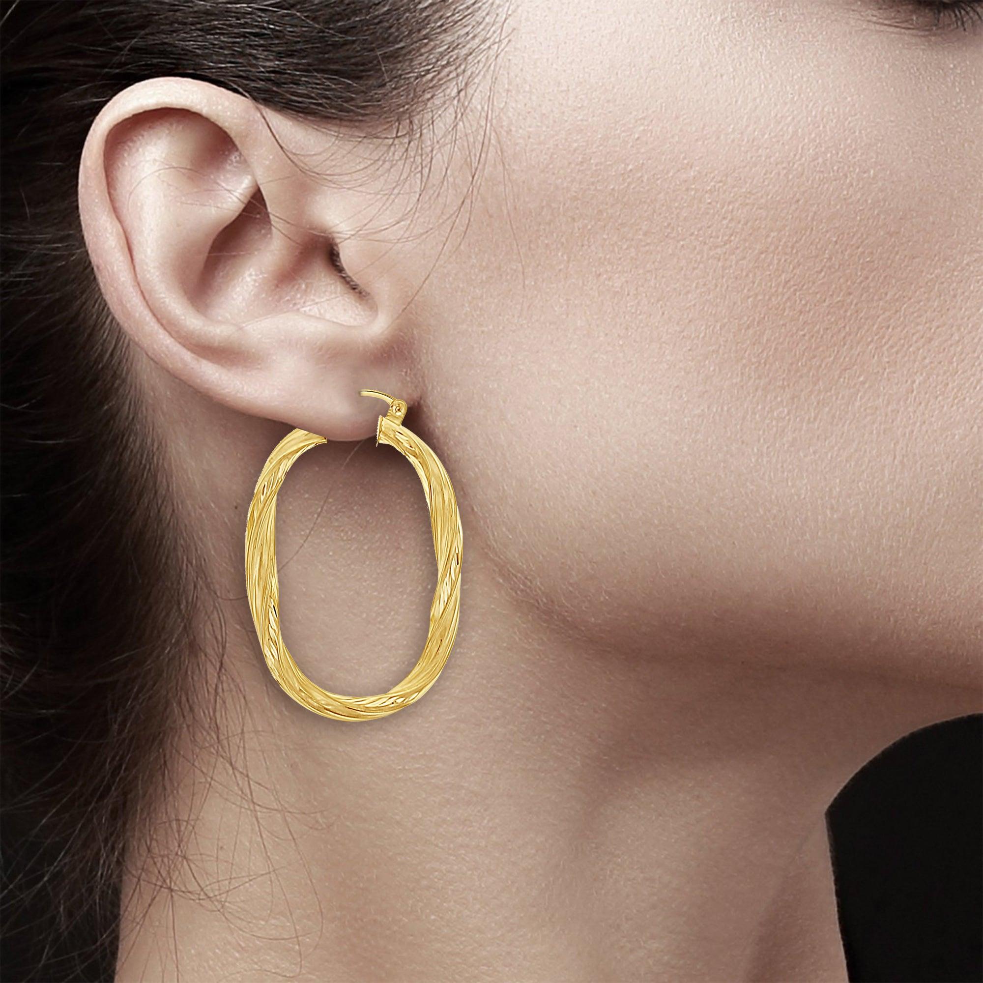 Oval Twisted Diamond Cut Gold Hoops 14k Yellow Gold